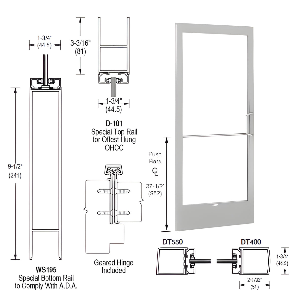 CRL-U.S. Aluminum Clear Anodized 250 Series Narrow Stile Inactive Leaf of Pair Offset Hung with Geared Hinged for OHCC 105º Closer Complete ADA Door(s) with Lock Indicator, Cyl Guard