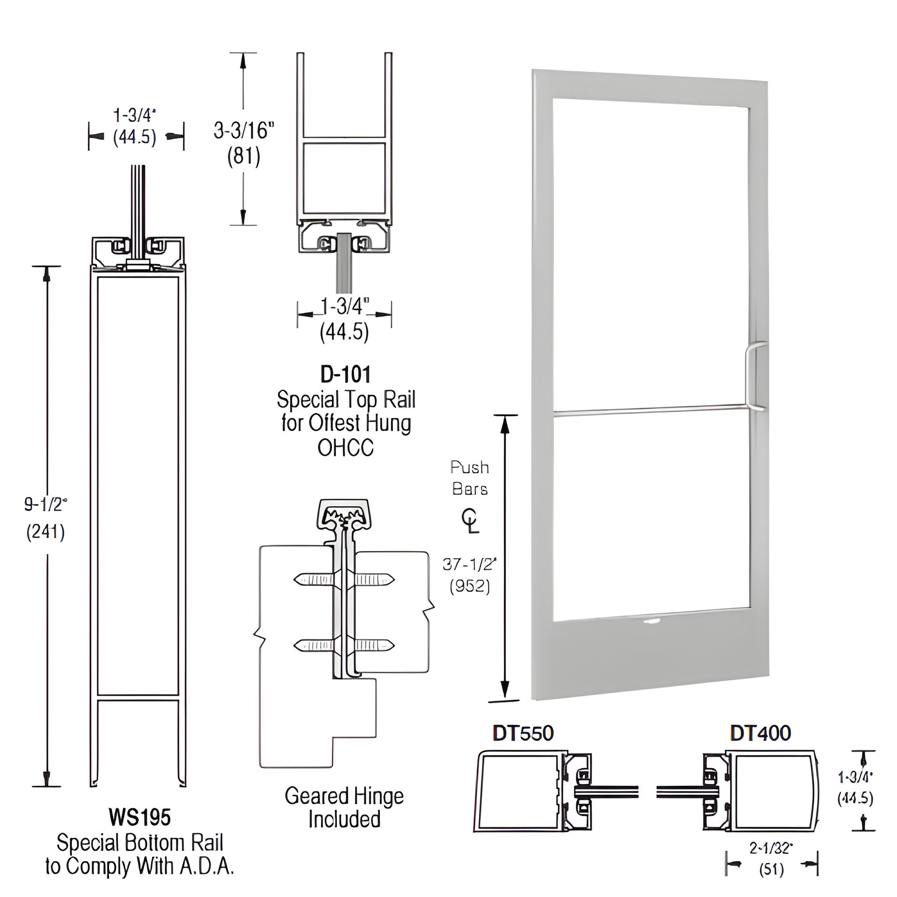 CRL-U.S. Aluminum Clear Anodized 250 Series Narrow Stile Inactive Leaf of Pair Offset Hung with Geared Hinged for OHCC 105º Closer Complete ADA Door(s) with Lock Indicator, Cyl Guard
