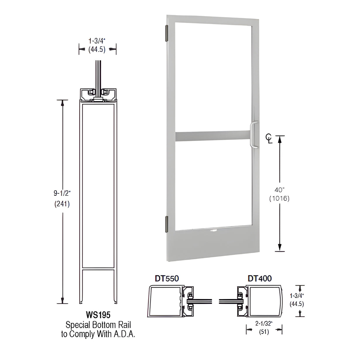 CRL-U.S. Aluminum Clear Anodized 250 Series Narrow Stile Inactive Leaf of Pair 3'0 x 7'0 Offset Hung with Butt Hinges for Surface Mount Closer Complete Panic Door with Standard Panic and 9-1/2" Bottom Rail