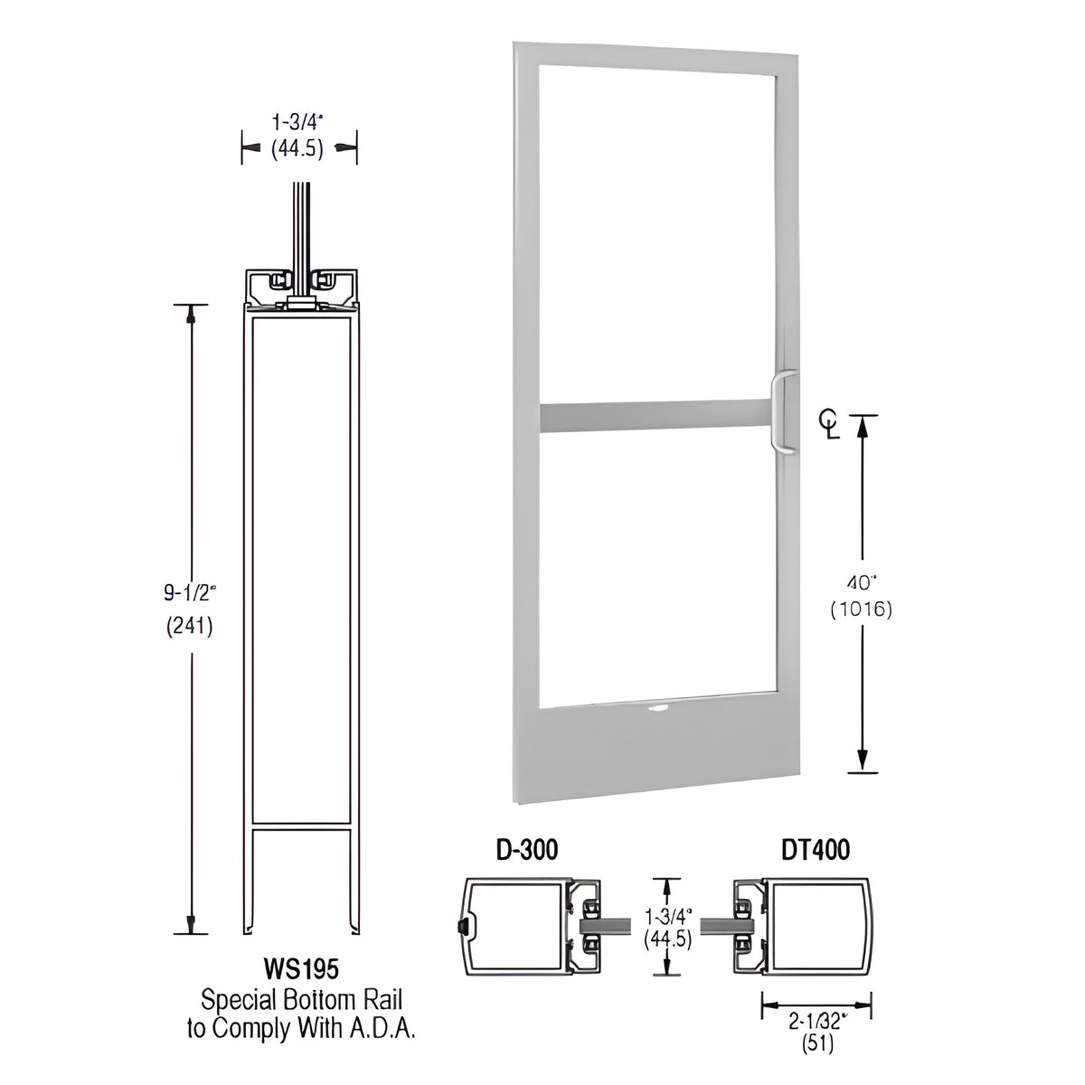 CRL-U.S. Aluminum Clear Anodized 250 Series Narrow Stile Inactive Leaf of Pair 3'0 x 7'0 Center Hung for OHCC with Standard Push Bars Complete Panic Door with Standard Panic and 9-1/2" Bottom Rail