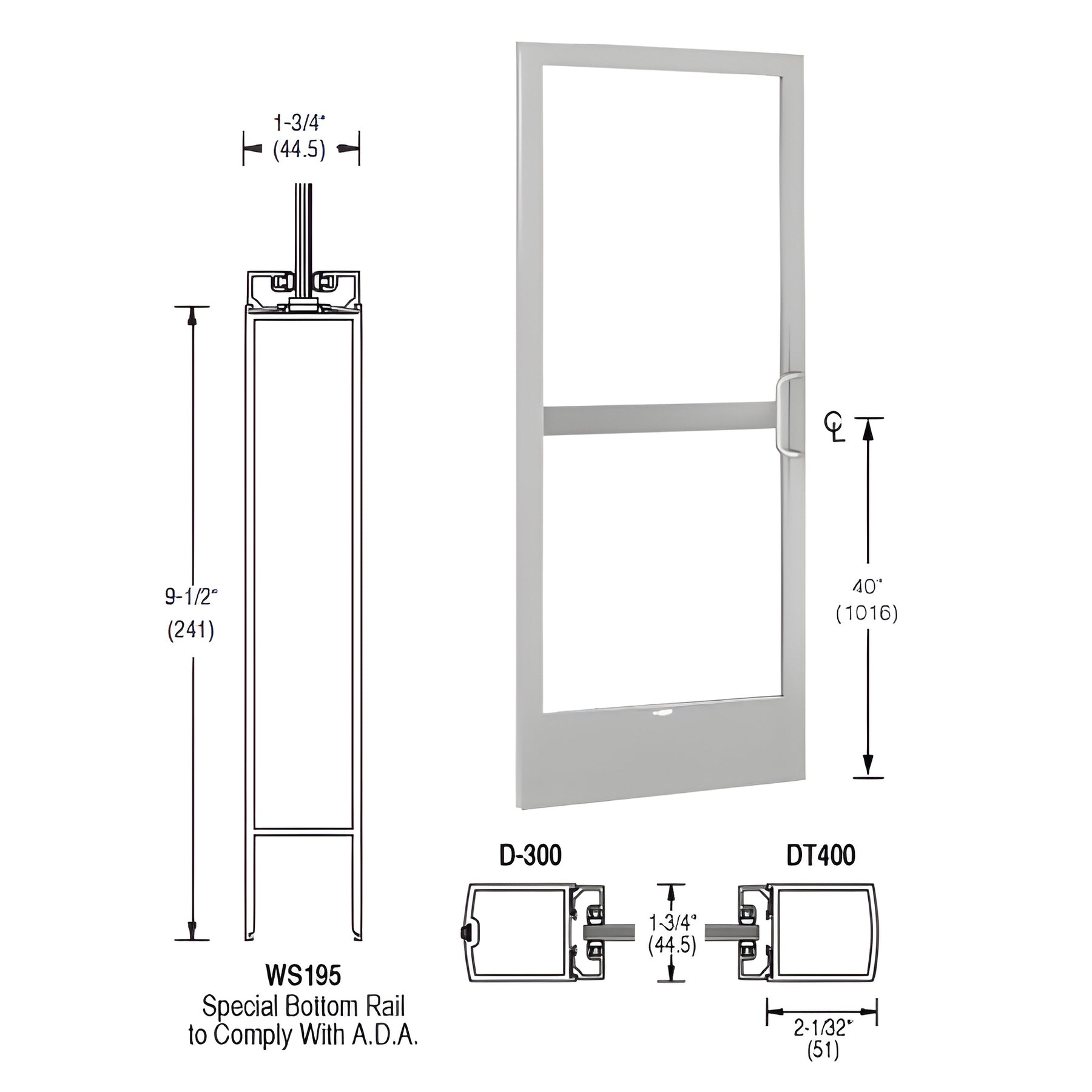 CRL-U.S. Aluminum Clear Anodized 250 Series Narrow Stile Inactive Leaf of Pair 3'0 x 7'0 Center Hung for OHCC with Standard Push Bars Complete Panic Door with Standard Panic and 9-1/2" Bottom Rail