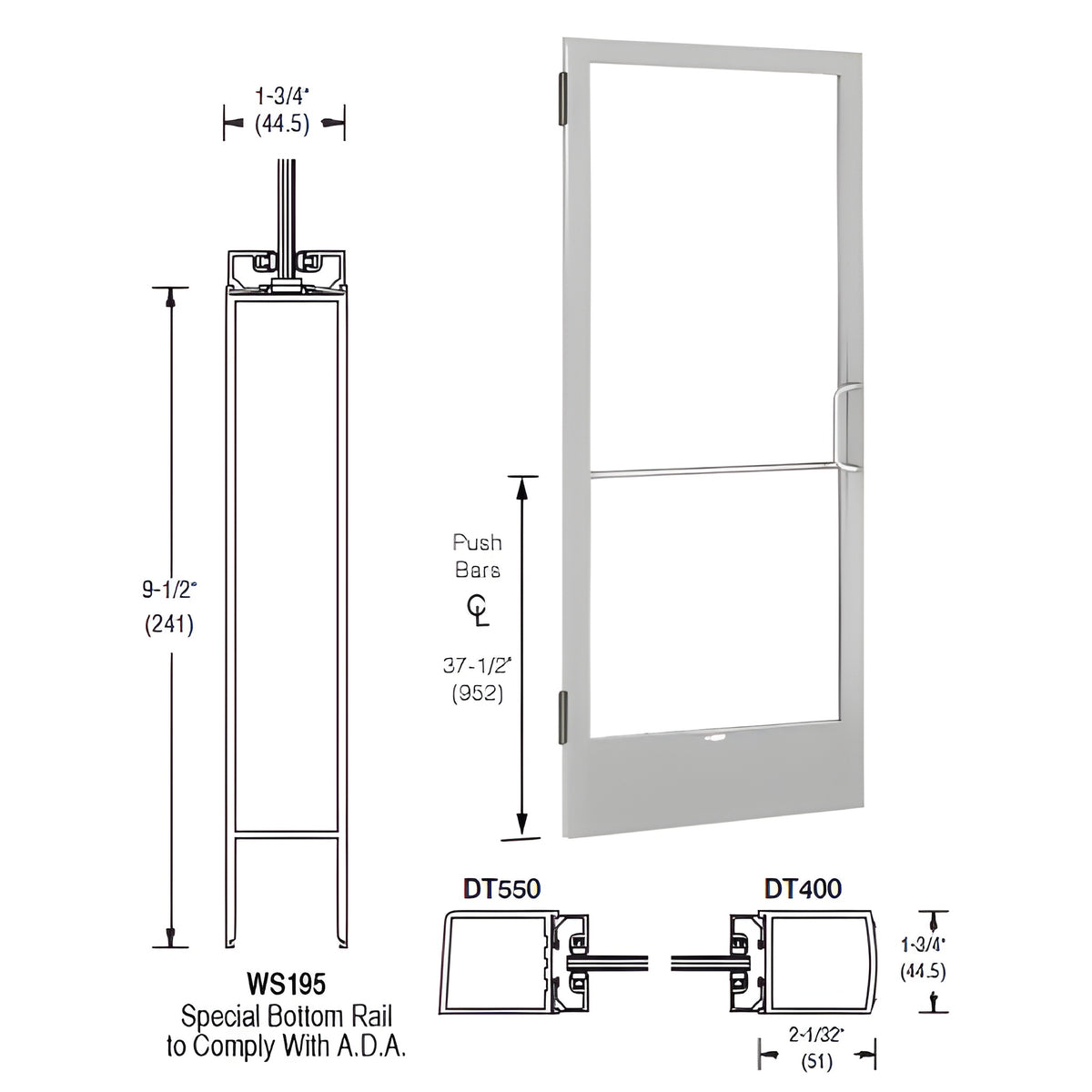 CRL-U.S. Aluminum Clear Anodized 250 Series Narrow Stile Inactive Leaf of Pair 3'0 x 7'0 Offset Hung with Butt Hinges for Surf Mount Closer Complete Door Std. Lock and 9-1/2" Bottom Rail for 1/4" Glass with Standard MS Lock and Bottom Rail