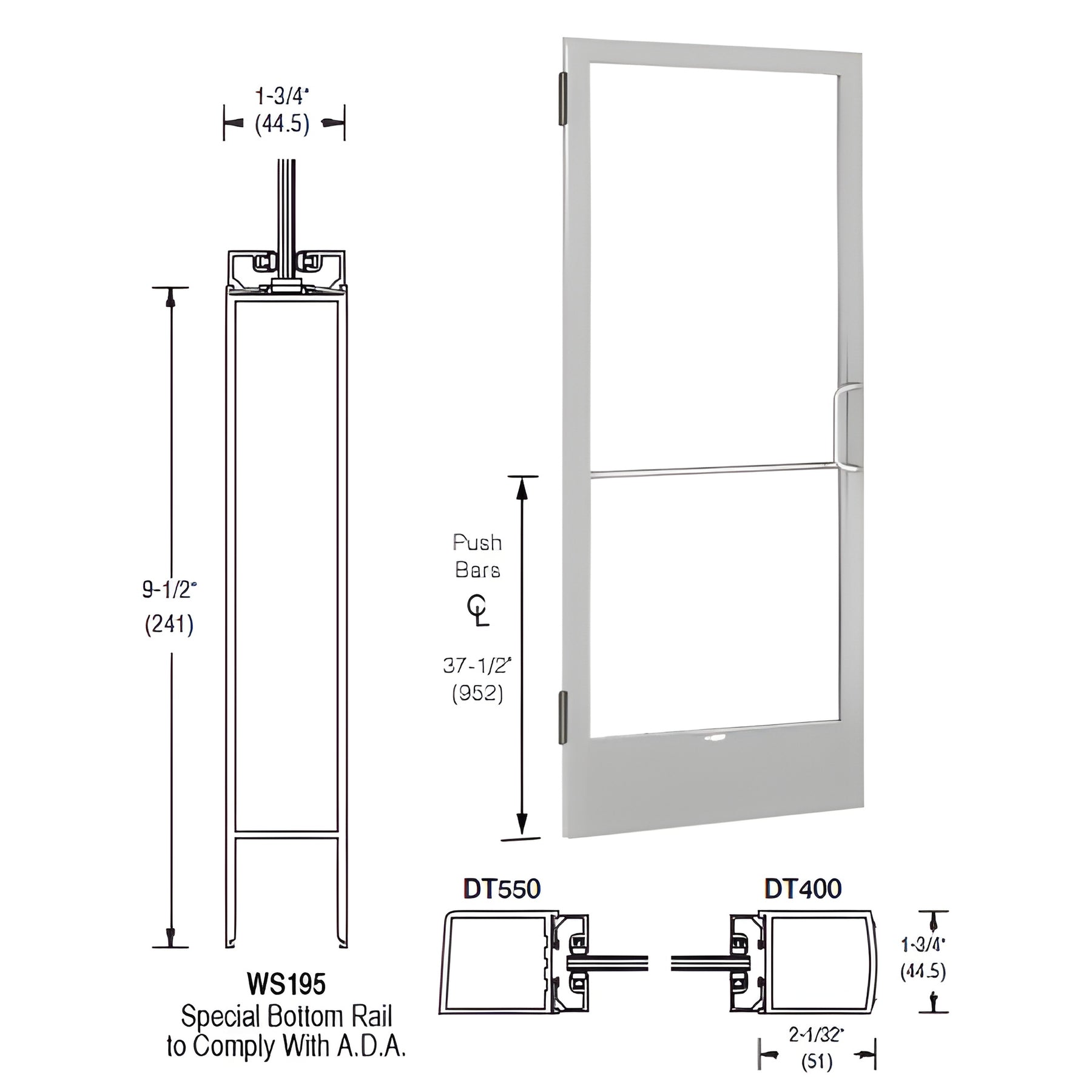 CRL-U.S. Aluminum Clear Anodized 250 Series Narrow Stile Inactive Leaf of Pair 3'0 x 7'0 Offset Hung with Butt Hinges for Surf Mount Closer Complete Door Std. Lock and 9-1/2" Bottom Rail for 1/4" Glass with Standard MS Lock and Bottom Rail