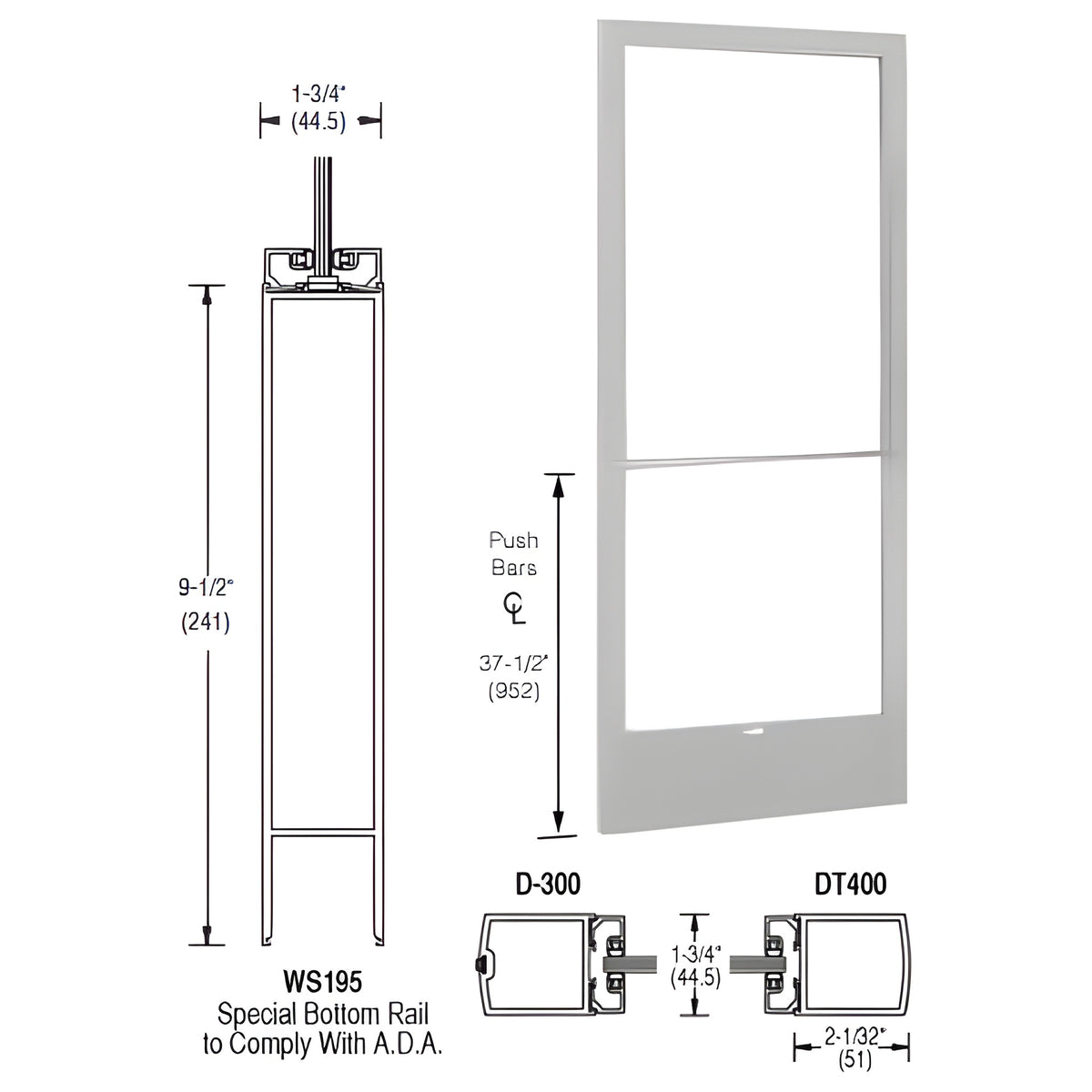 CRL-U.S. Aluminum Clear Anodized 250 Series Narrow Stile Inactive Leaf of Pair 3'0 x 7'0 Center Hung for OHCC w/Standard Push Bars Complete Door Std. Lock & 9-1/2" Bottom Rail