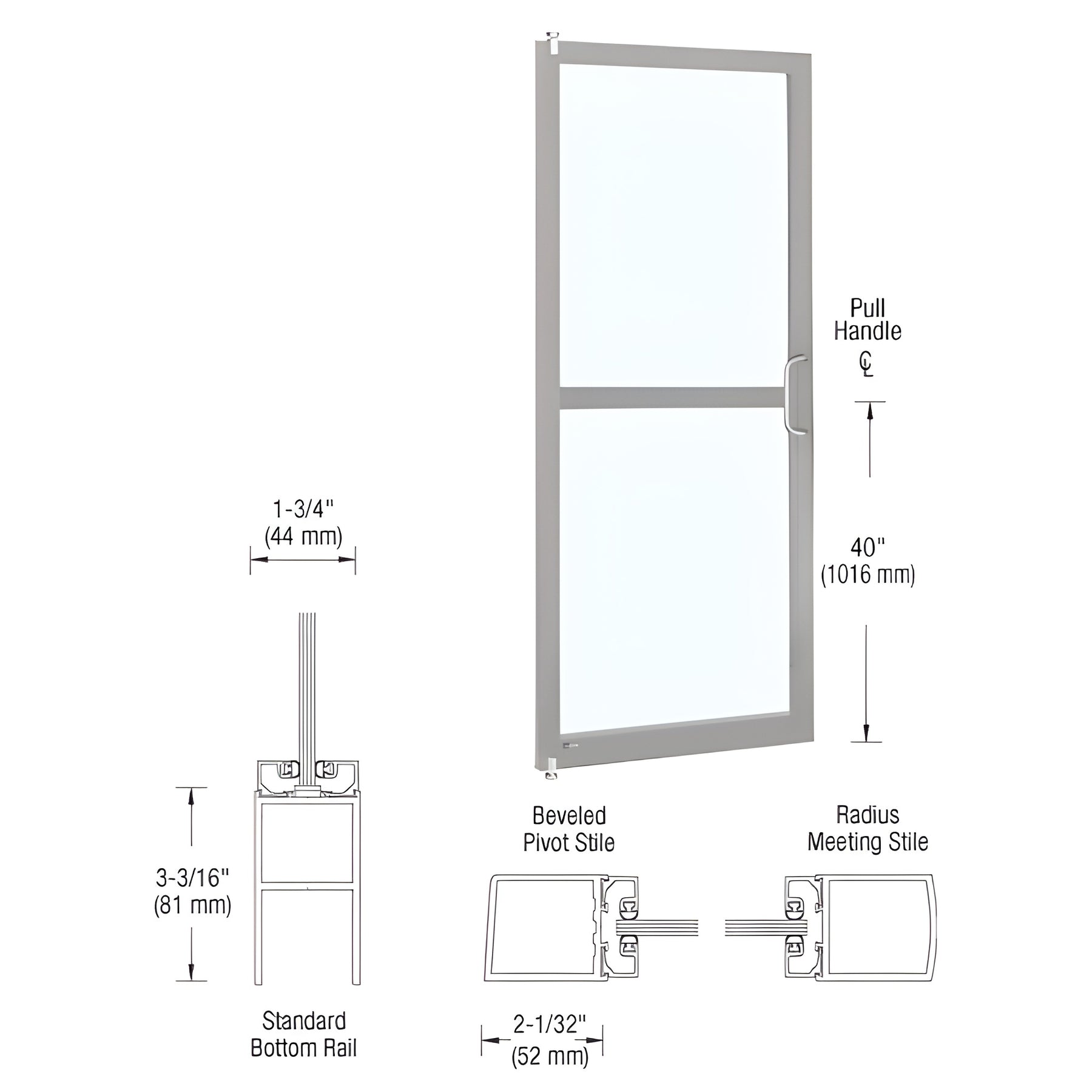 CRL-U.S. Aluminum Clear Anodized 250 Series Narrow Stile Inactive Leaf of Pair 3'0 x 7'0 Offset Hung with Pivots for Surf Mount Closer Complete Panic Door with Std. Panic and Bottom Rail