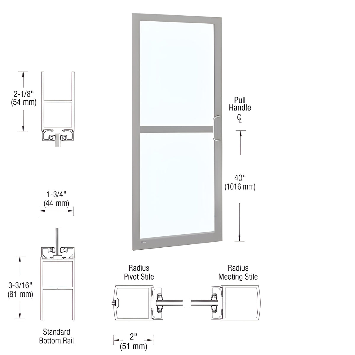 CRL-U.S. Aluminum Clear Anodized 250 Series Narrow Stile Inactive Leaf of Pair 3'0 x 7'0 Center Hung for OHCC w/Standard Push Bars Complete Panic Door with Std. Panic and Bottom Rail