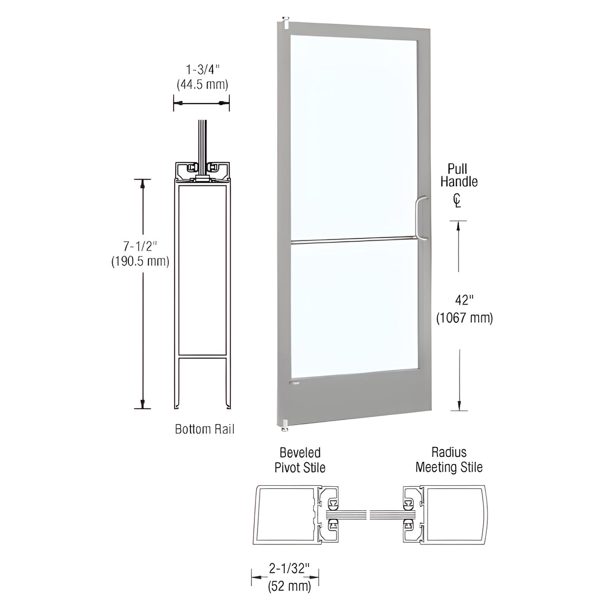 CRL-U.S. Aluminum Clear Anodized 250 Series Narrow Stile Inactive Leaf of Pair 3'0 x 7'0 Offset Hung with Pivots for Surf Mount Closer Complete Door/Std. MS Lock, 7-1/2" Standard Bottom Rail