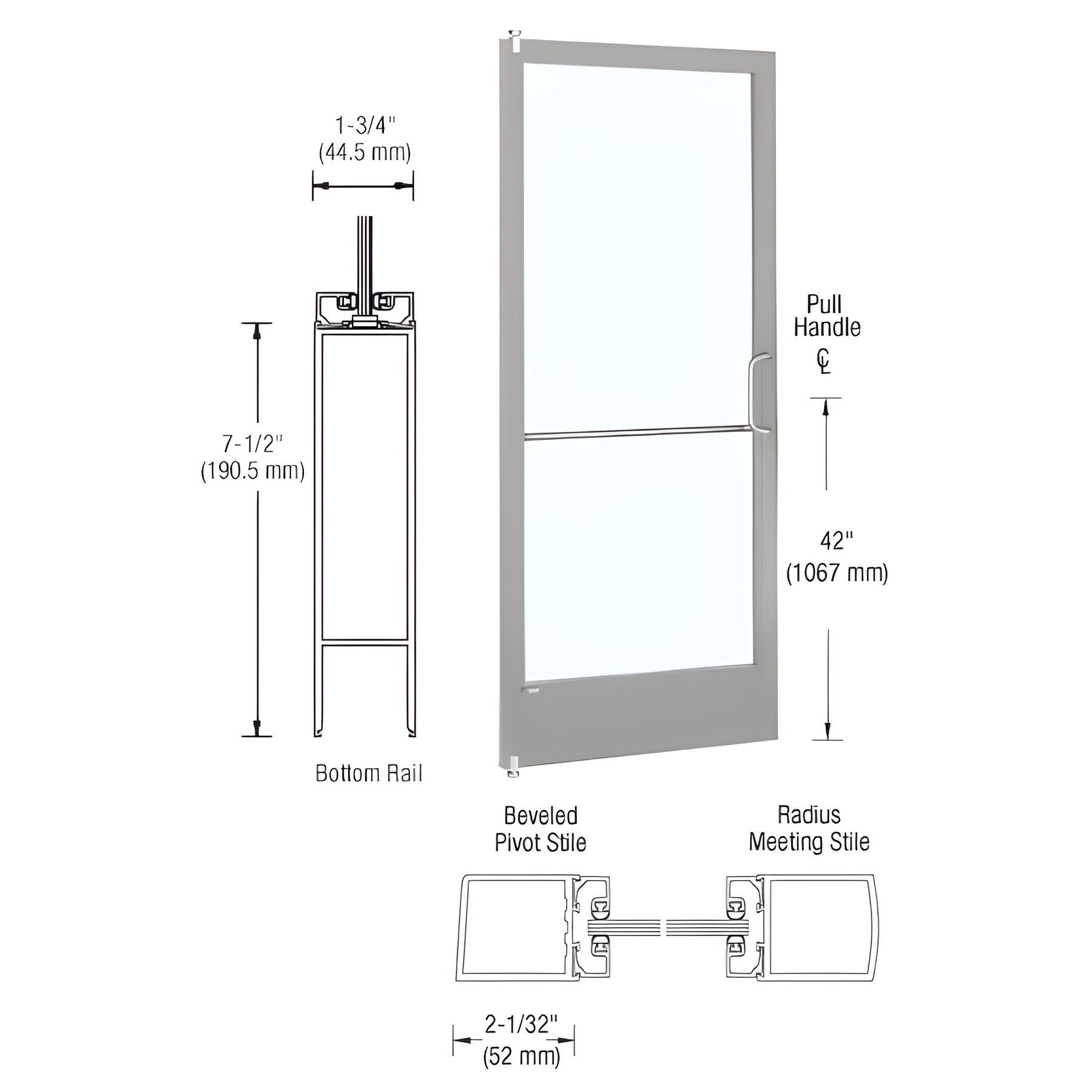 CRL-U.S. Aluminum Clear Anodized 250 Series Narrow Stile Inactive Leaf of Pair 3'0 x 7'0 Offset Hung with Pivots for Surf Mount Closer Complete Door/Std. MS Lock, 7-1/2" Standard Bottom Rail