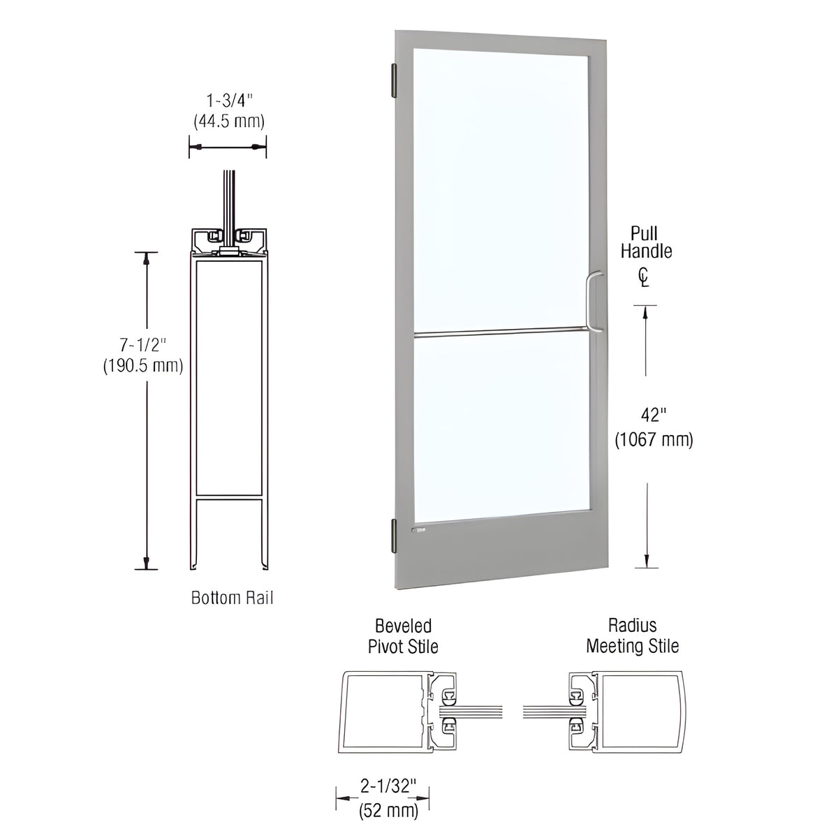 CRL-U.S. Aluminum Clear Anodized 250 Series Narrow Stile Inactive Leaf of Pair 3'0 x 7'0 Offset Hung with Butt Hinges for Surf Mount Closer Complete Door/Std. MS Lock, 7-1/2" Std. Bottom Rail