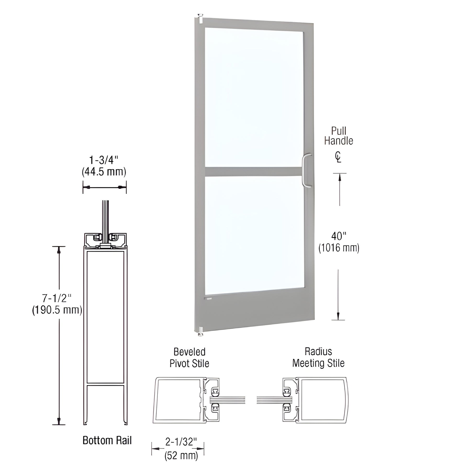 CRL-U.S. Aluminum Clear Anodized 250 Series Narrow Stile Inactive Leaf of Pair 3'0 x 7'0 Offset Hung with Pivots for Surf Mount Closer Complete Panic Door w/Std. Panic & 7-1/2" Bottom Rail