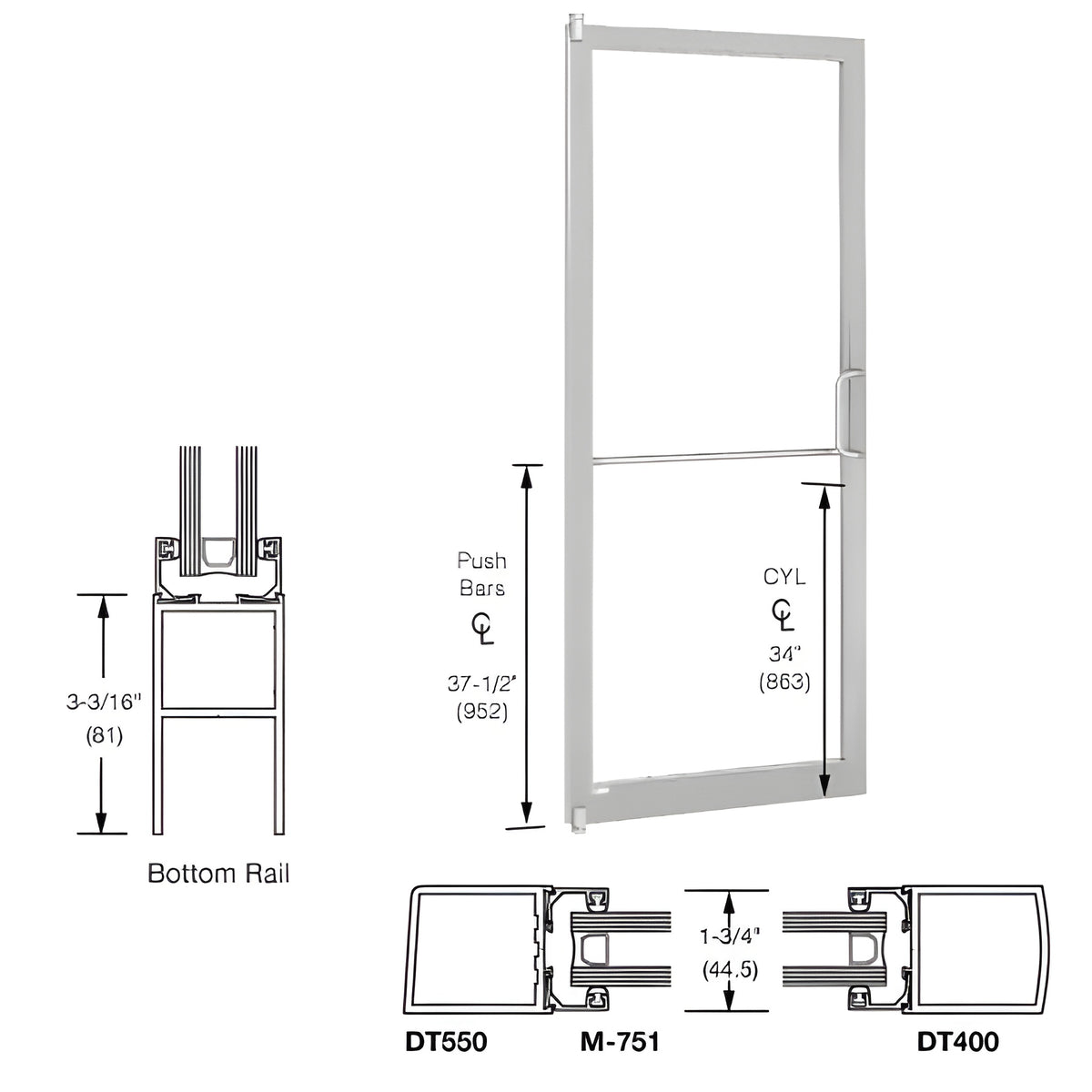 CRL-U.S. Aluminum Clear Anodized 250 Series Narrow Stile Inactive Leaf of Pair 3'0 x 7'0 Offset Hung with Pivots for Surf Mount Closer Complete Door Std. MS Lock and Std. Bottom Rail