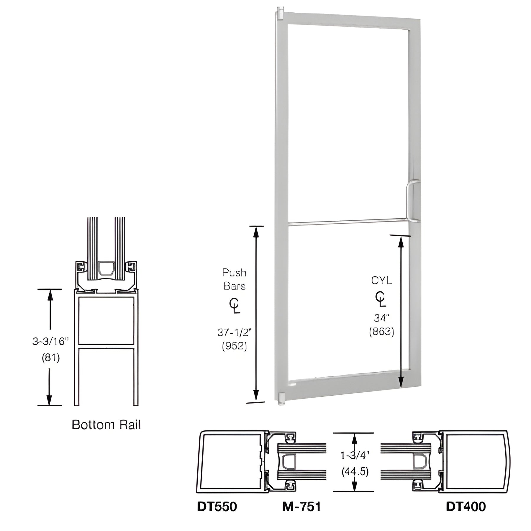 CRL-U.S. Aluminum Clear Anodized 250 Series Narrow Stile Inactive Leaf of Pair 3'0 x 7'0 Offset Hung with Pivots for Surf Mount Closer Complete Door Std. MS Lock and Std. Bottom Rail