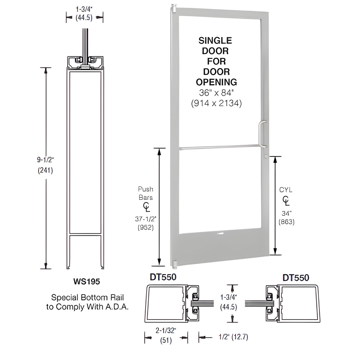 CRL-U.S. Aluminum Clear Anodized 250 Series Narrow Stile (LHR) HLSO Single 3'0 x 7'0 Offset Hung with Pivots for Surface Mount Closer Complete ADA Door, Lock Indicator, Cylinder Guard - for 1" Glazing