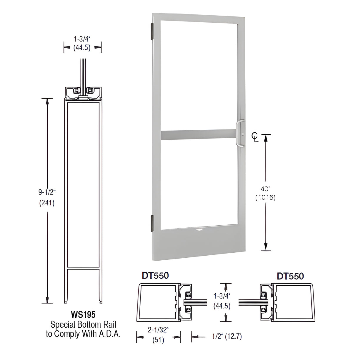 CRL-U.S. Aluminum Clear Anodized 250 Series Narrow Stile (LHR) HLSO Single 3' x 7' Offset Hung with Butt Hinges for Surf Mount Closer Complete Panic Door for 1" Glass with Standard Panic and 9-1/2" Bottom Rail