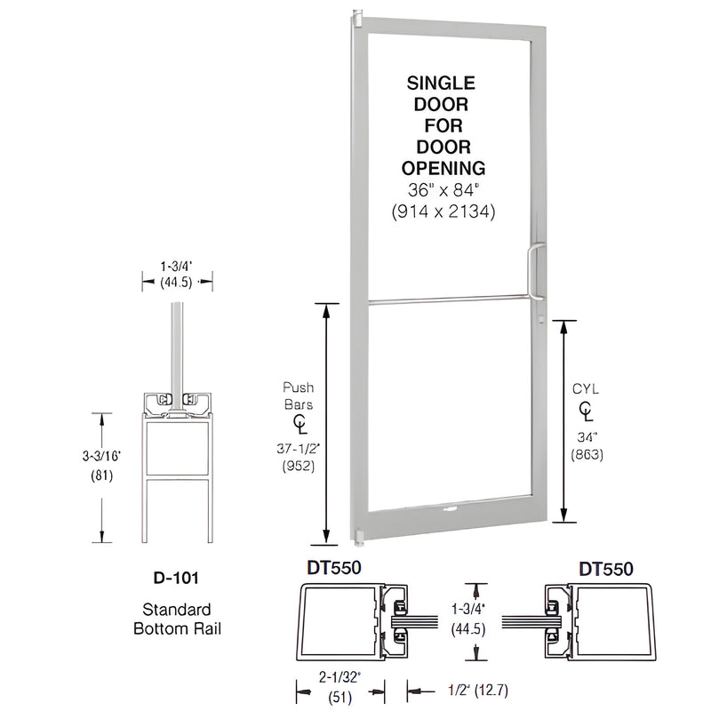 CRL-U.S. Aluminum Clear Anodized 250 Series Narrow Stile (LHR) HLSO Single 3'0 x 7'0 Offset Hung with Pivots for Surf Mount Closer Complete Door
