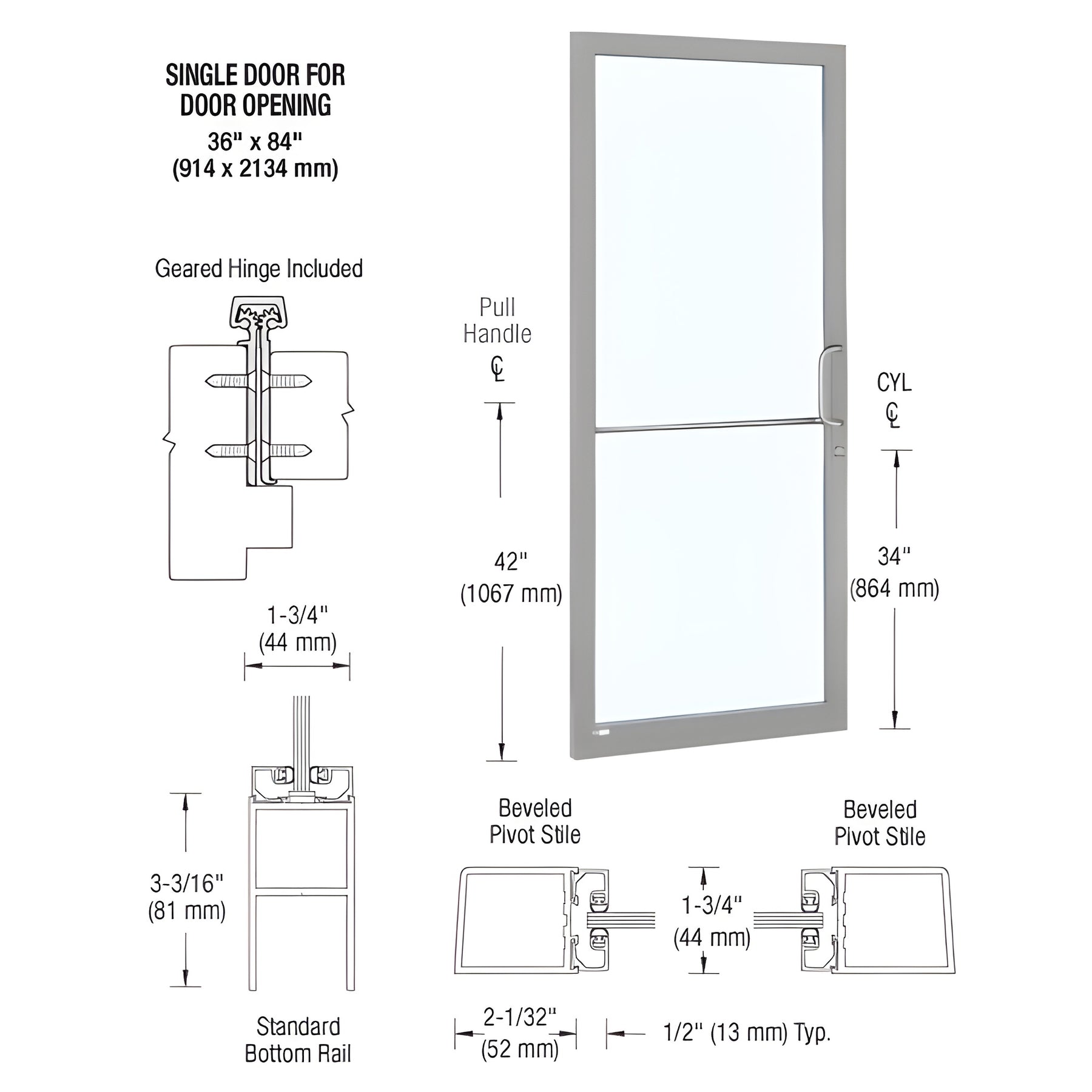 CRL-U.S. Aluminum Clear Anodized 250 Series Narrow Stile (LHR) HLSO Single 3'0 x 7'0 Offset Hung with Geared Hinged Complete Door Standard MS Lock and Bottom Rail - For 1" Glass