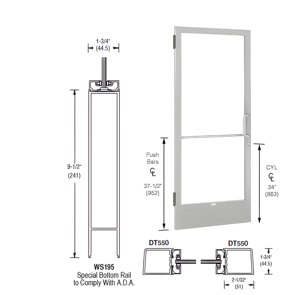 CRL-U.S. Aluminum Clear Anodized 250 Series Narrow Stile (LHR) HLSO Single 3'0 x 7'0 Offset Hung with Butt Hinges for Surf Mount Closer Complete Door for 1" Glass with Standard MS Lock and Bottom Rail
