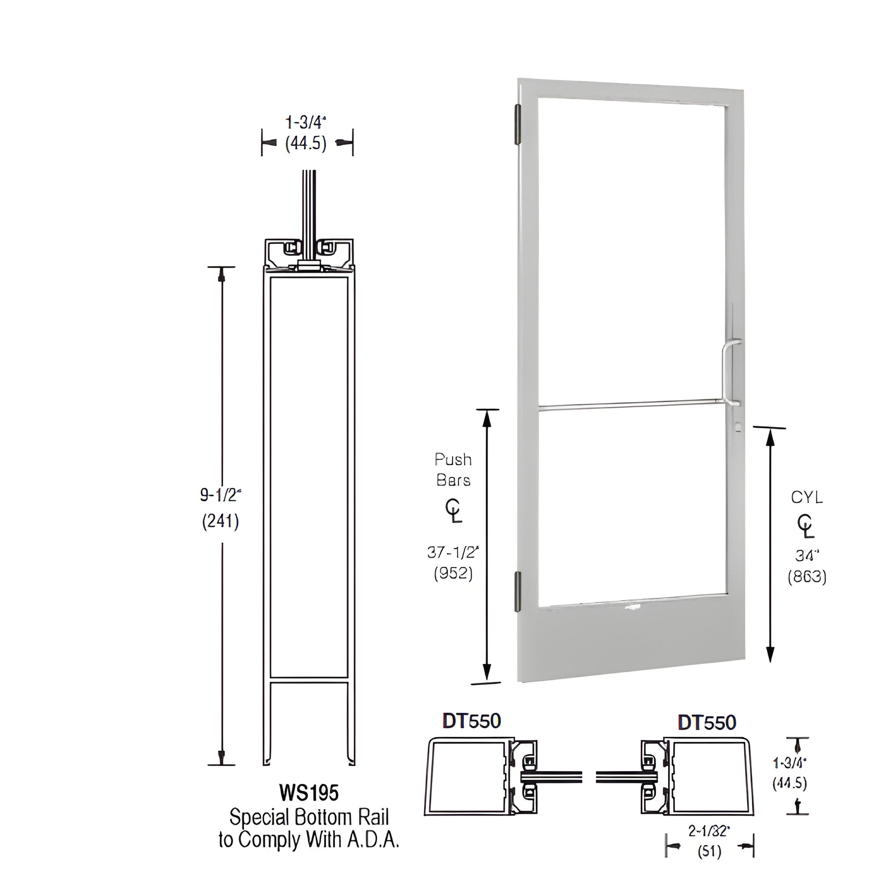 CRL-U.S. Aluminum Clear Anodized 250 Series Narrow Stile (LHR) HLSO Single 3'0 x 7'0 Offset Hung with Butt Hinges for Surf Mount Closer Complete Door for 1" Glass with Standard MS Lock and Bottom Rail
