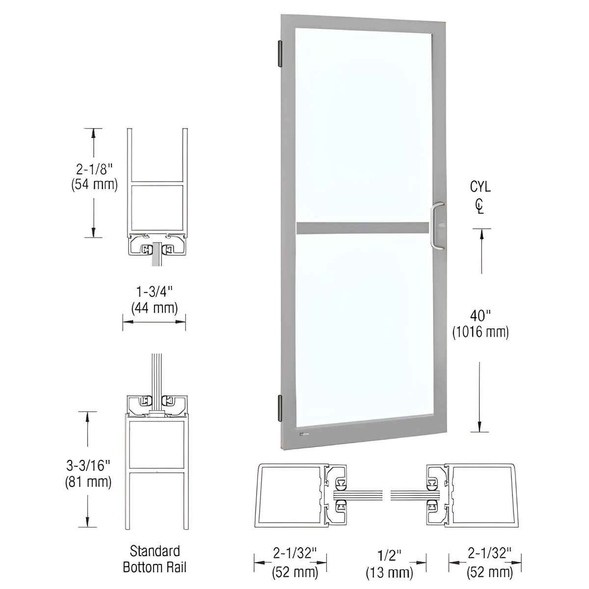 CRL-U.S. Aluminum Clear Anodized 250 Series Narrow Stile (LHR) HLSO Single 3'0 x 7'0 Offset Hung with Butt Hinges for Surf Mount Closer Complete Panic Door for 1" Glass with Standard MS Lock and Bottom Rail