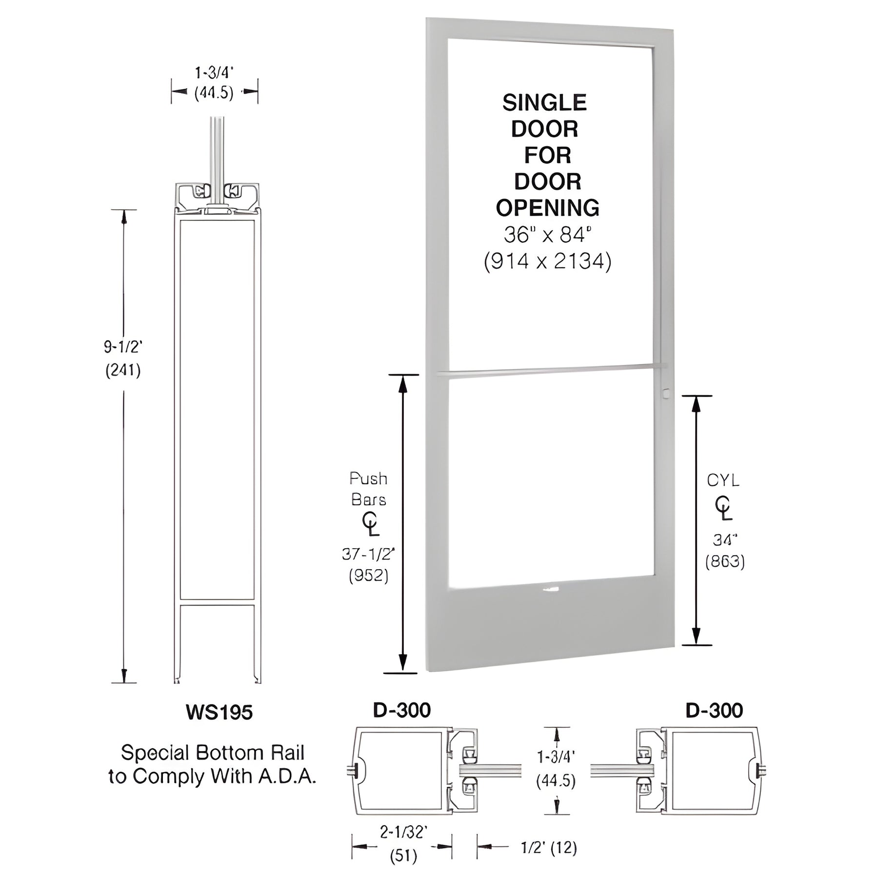 CRL-U.S. Aluminum Clear Anodized 250 Series Narrow Stile (LHR) HLSO Single 3'0 x 7'0 Center Hung for OHCC w/Standard Push Bars Complete ADA Door(s) with Lock Indicator, Cyl Guard