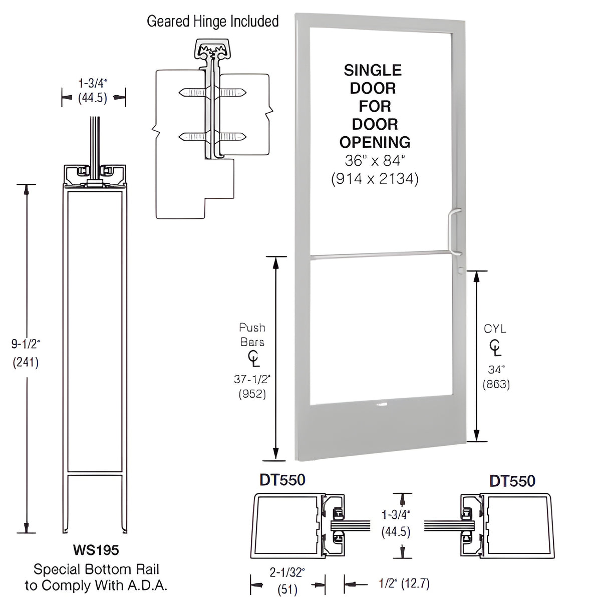 CRL-U.S. Aluminum Clear Anodized 250 Series Narrow Stile (LHR) HLSO Single 3'0 x 7'0 Offset Hung with Geared Hinged Complete ADA Door, Lock Indicator, Cylinder Guard for 1/4" Glazing