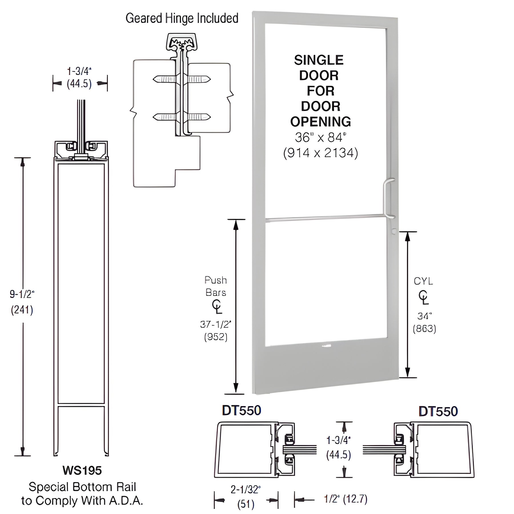 CRL-U.S. Aluminum Clear Anodized 250 Series Narrow Stile (LHR) HLSO Single 3'0 x 7'0 Offset Hung with Geared Hinged Complete ADA Door, Lock Indicator, Cylinder Guard for 1/4" Glazing