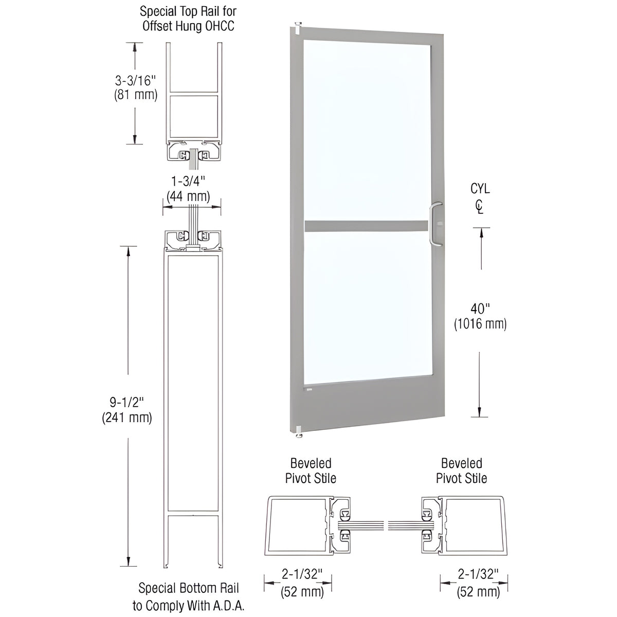 CRL-U.S. Aluminum Clear Anodized 250 Series Narrow Stile (LHR) HLSO Single 3' x 7' Offset Hung with Offset Pivots for OHCC 105 Degree Closer Complete Panic Door with Standard Panic and 9-1/2" Bottom Rail