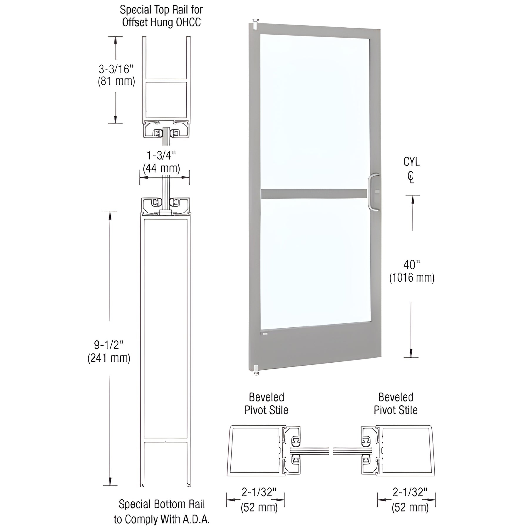 CRL-U.S. Aluminum Clear Anodized 250 Series Narrow Stile (LHR) HLSO Single 3' x 7' Offset Hung with Offset Pivots for OHCC 105 Degree Closer Complete Panic Door with Standard Panic and 9-1/2" Bottom Rail