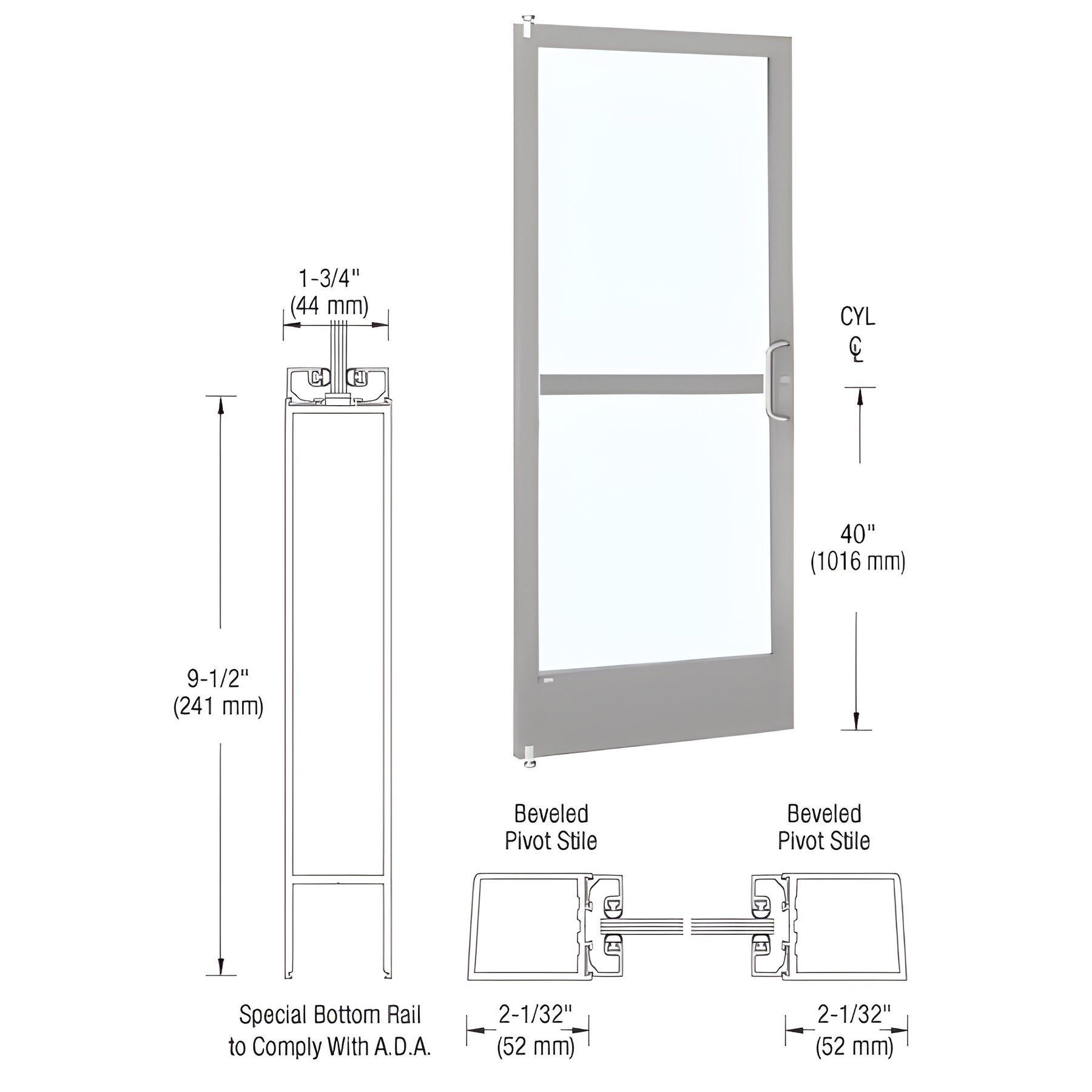 CRL-U.S. Aluminum Clear Anodized 250 Series Narrow Stile (LHR) HLSO Single 3'0 x 7'0 Offset Hung with Pivots for Surf Mount Closer Complete Panic Door with Standard Panic and 9-1/2" Bottom Rail