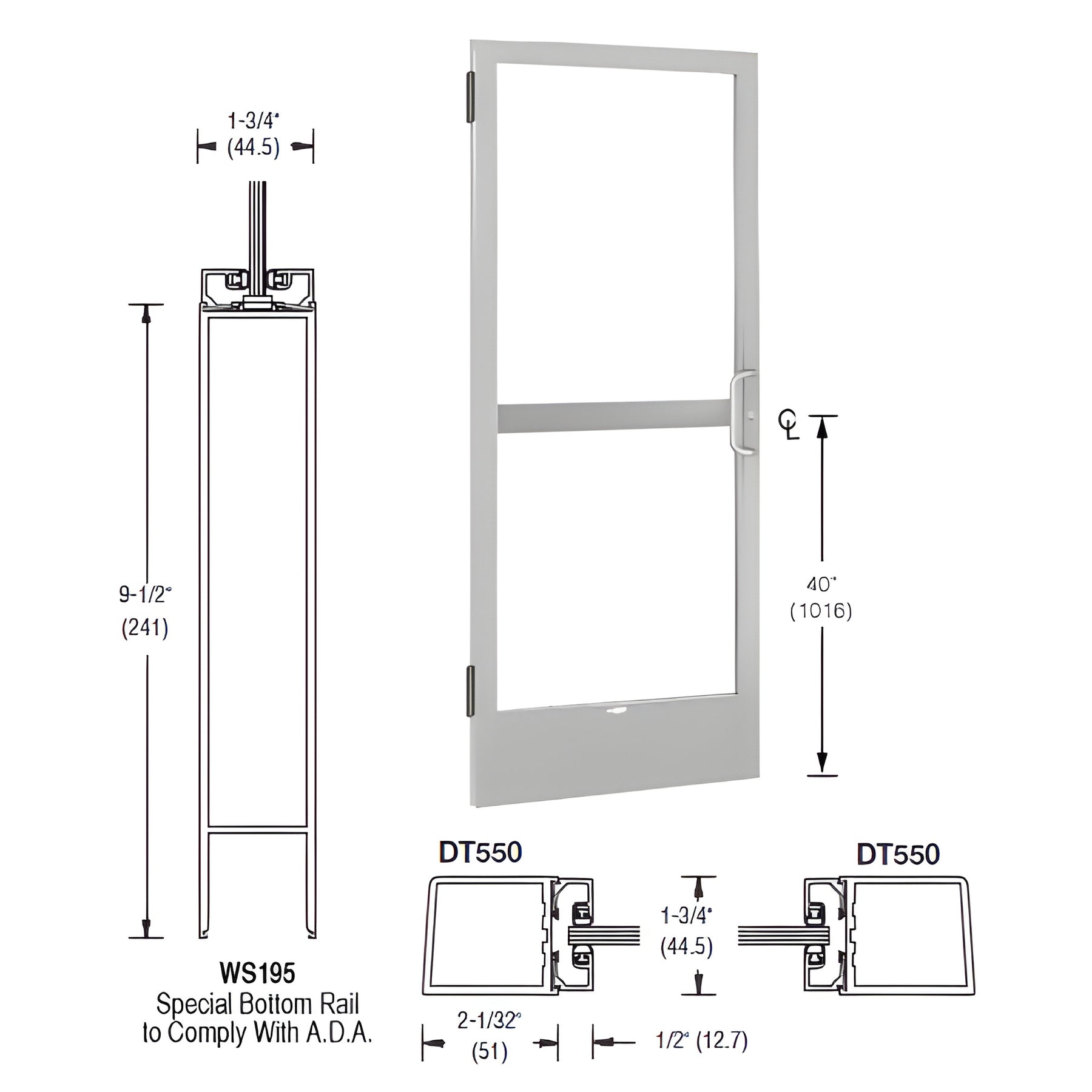 CRL-U.S. Aluminum Clear Anodized 250 Series Narrow Stile (LHR) HLSO Single 3' x 7' Offset Hung with Butt Hinges for Surf Mount Closer Complete Panic Door with Standard Panic and 9-1/2" Bottom Rail
