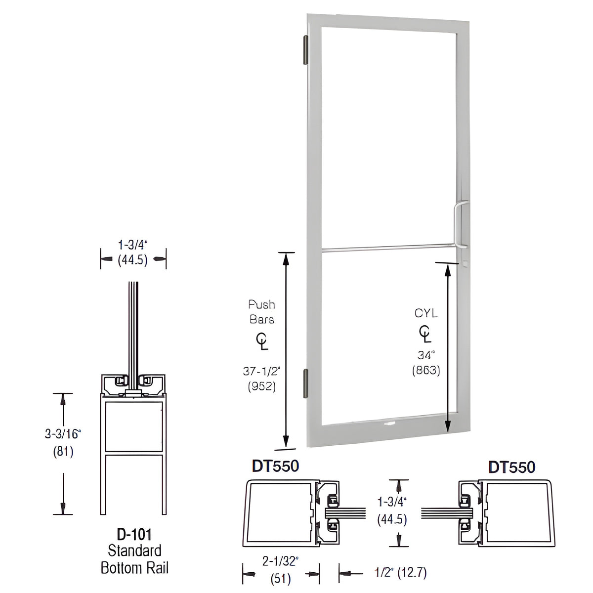 CRL-U.S. Aluminum Clear Anodized 250 Series Narrow Stile (LHR) HLSO Single 3'0 x 7'0 Offset Hung with Butt Hinges for Surf Mount Closer Complete Door Std. MS Lock & Bottom Rail
