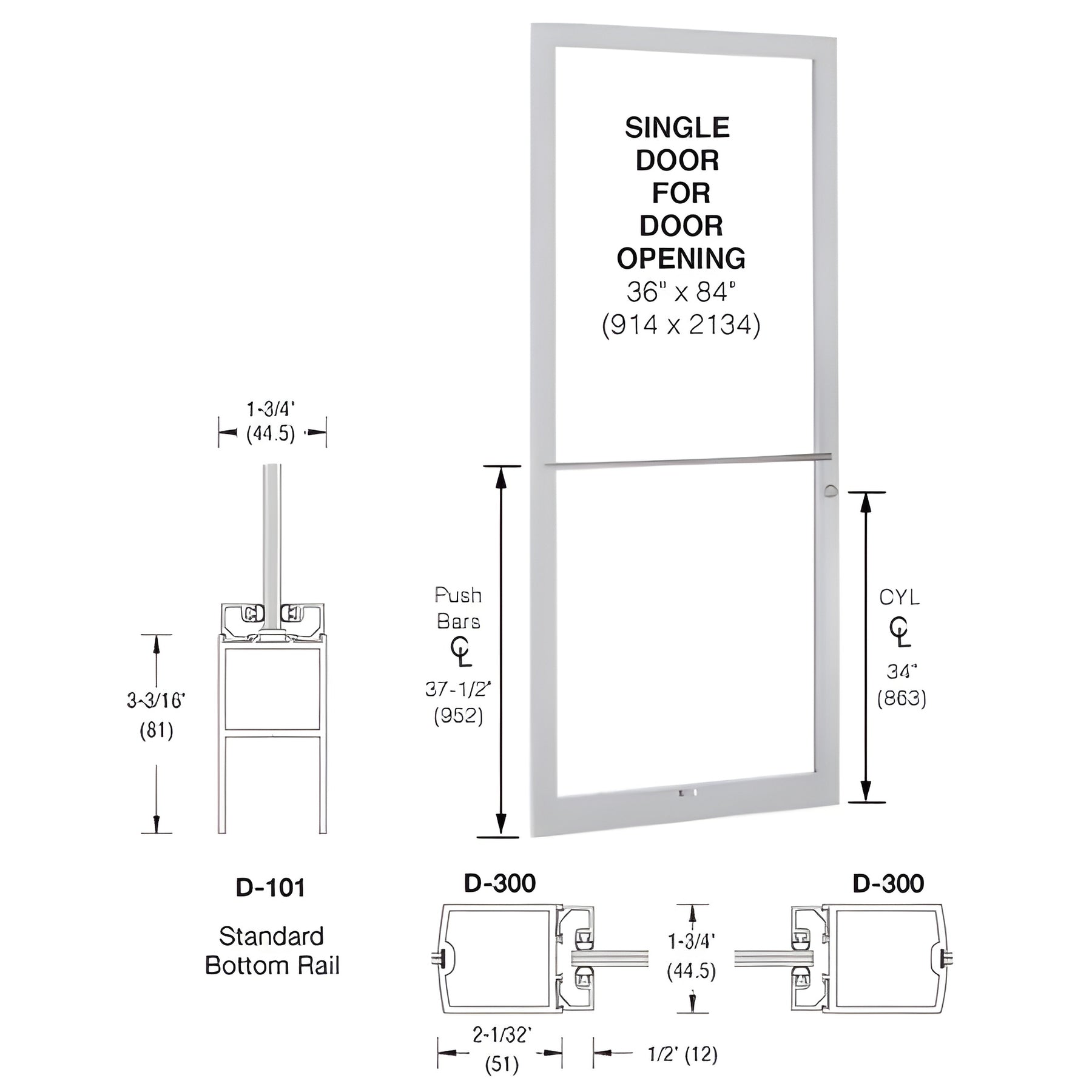 CRL-U.S. Aluminum Clear Anodized 250 Series Narrow Stile (LHR) HLSO Single 3'0 x 7'0 Center Hung for OHCC w/Standard Push Bars Complete Door Std. MS Lock & Bottom Rail