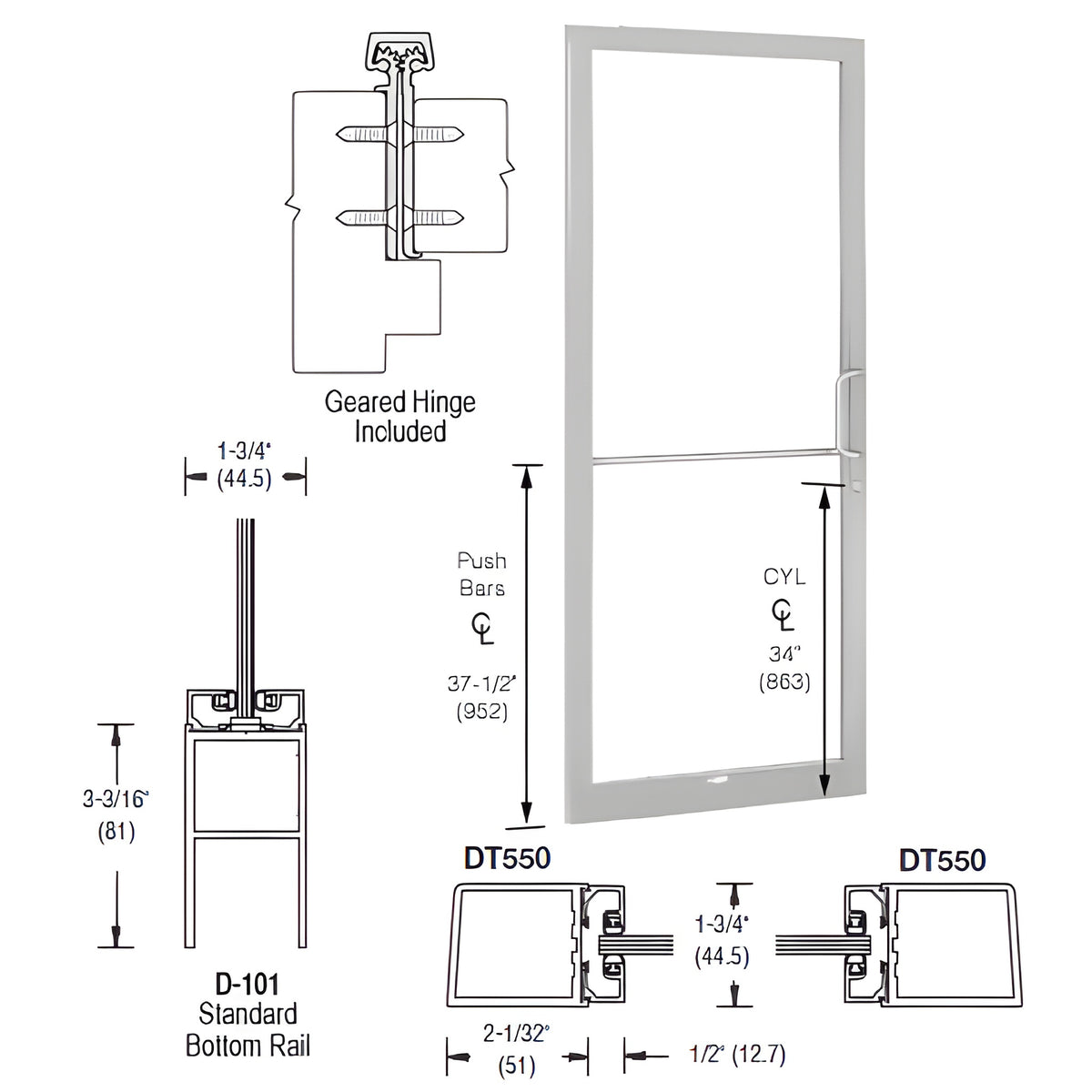 CRL-U.S. Aluminum Clear Anodized 250 Series Narrow Stile (LHR) HLSO Single 3'0 x 7'0 Offset Hung with Geared Hinged Complete Door Standard MS Lock and Bottom Rail - for 1/4" Glass