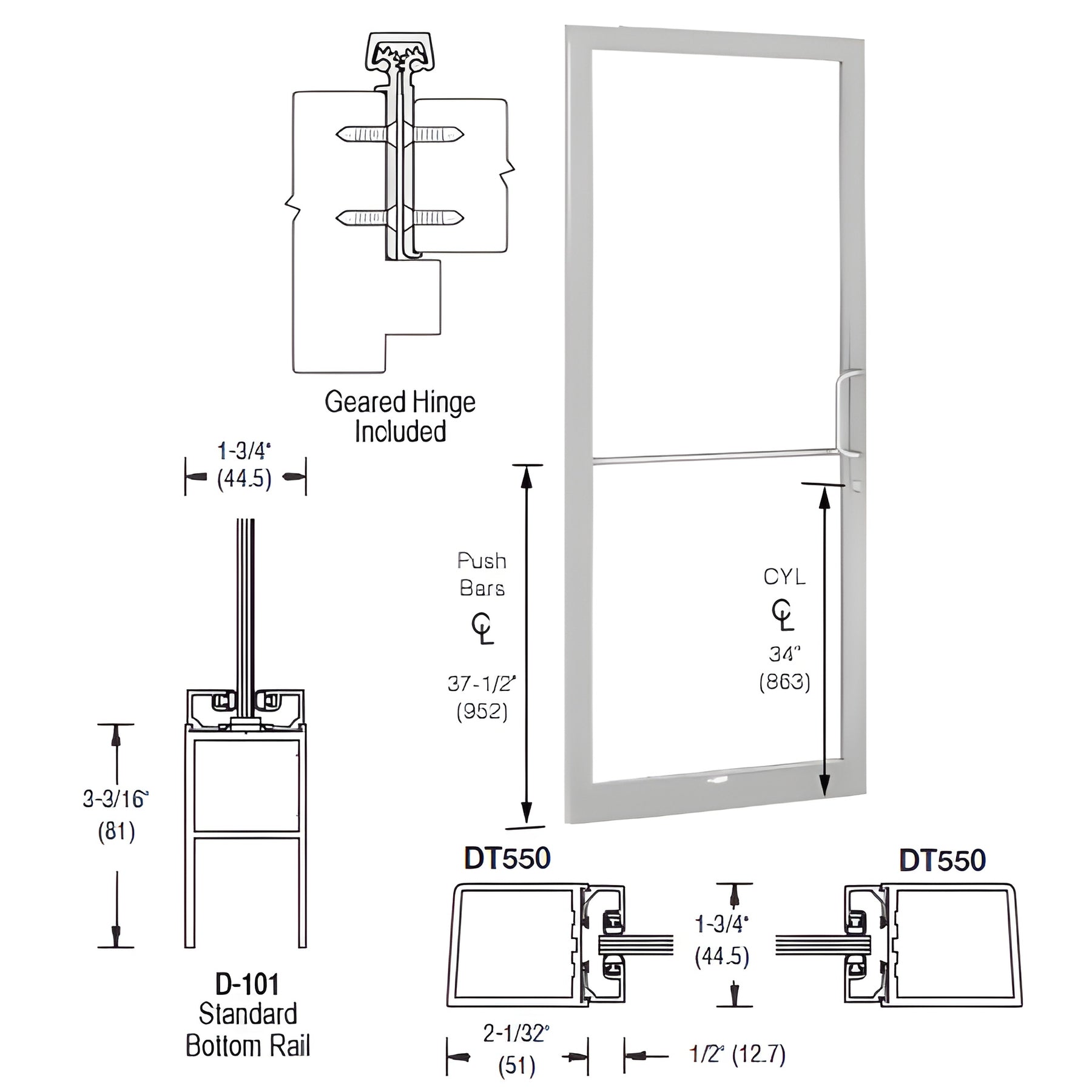 CRL-U.S. Aluminum Clear Anodized 250 Series Narrow Stile (LHR) HLSO Single 3'0 x 7'0 Offset Hung with Geared Hinged Complete Door Standard MS Lock and Bottom Rail - for 1/4" Glass