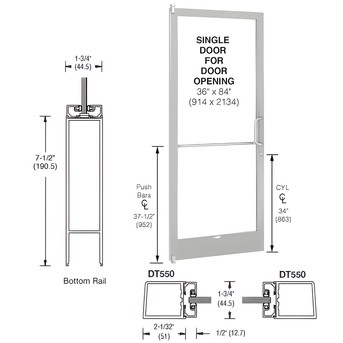 CRL-U.S. Aluminum Clear Anodized 250 Series Narrow Stile (LHR) HLSO Single 3'0 x 7'0 Offset Hung with Pivots for Surf Mount Closer Complete Door/Std. MS Lock, 7-1/2" Standard Bottom Rail