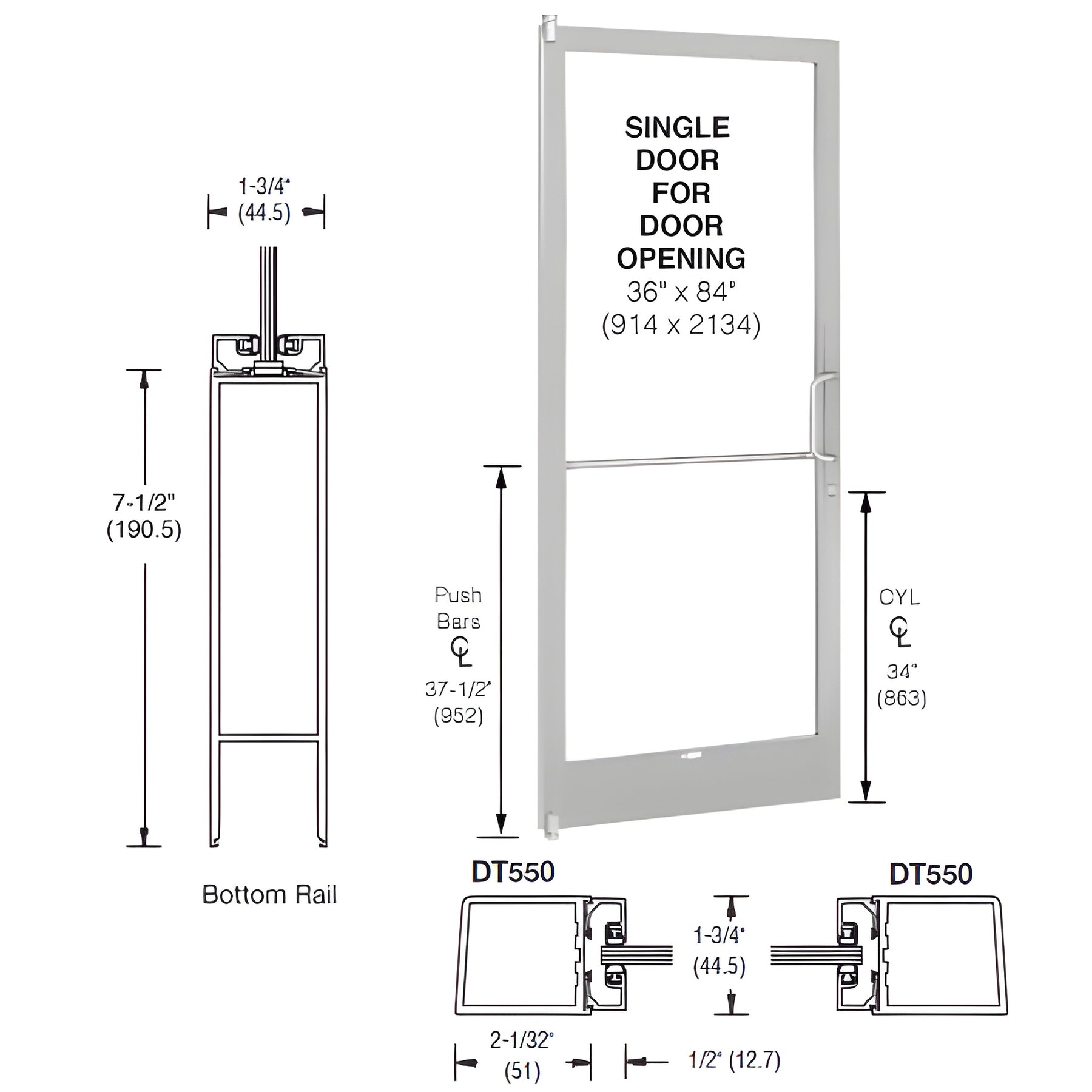 CRL-U.S. Aluminum Clear Anodized 250 Series Narrow Stile (LHR) HLSO Single 3'0 x 7'0 Offset Hung with Pivots for Surf Mount Closer Complete Door/Std. MS Lock, 7-1/2" Standard Bottom Rail