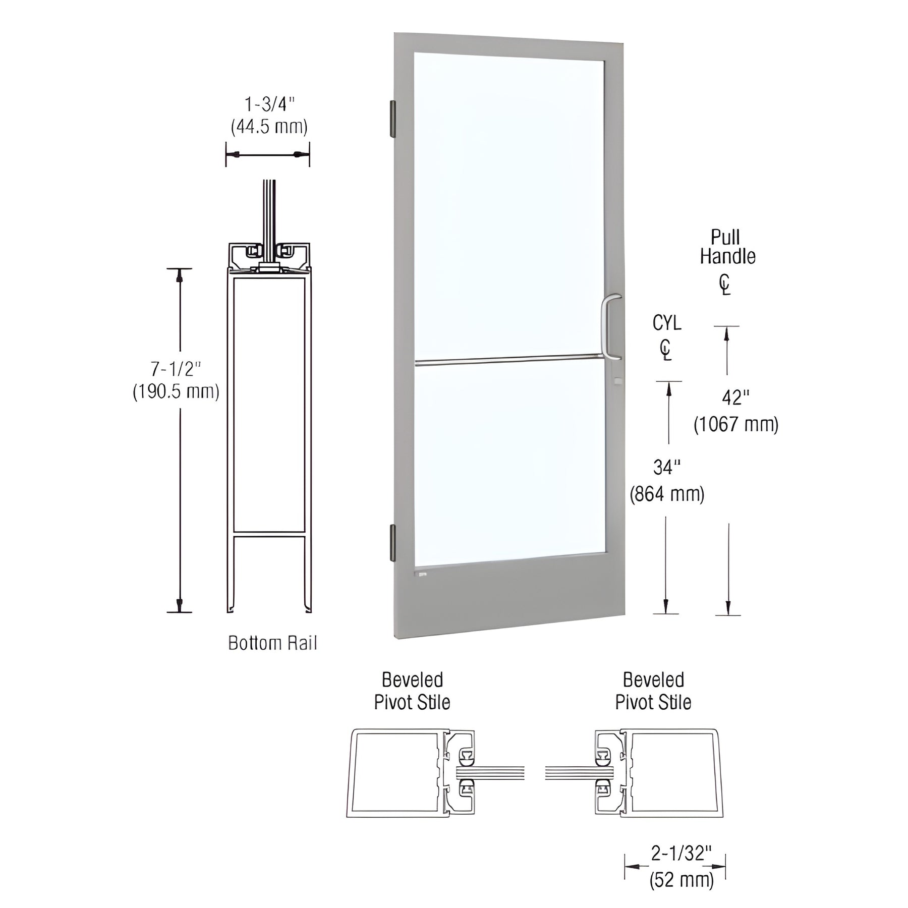 CRL-U.S. Aluminum Clear Anodized 250 Series Narrow Stile (LHR) HLSO Single 3'0 x 7'0 Offset Hung with Butt Hinges for Surf Mount Closer Complete Door/Std. MS Lock, 7-1/2" Std. Bottom Rail