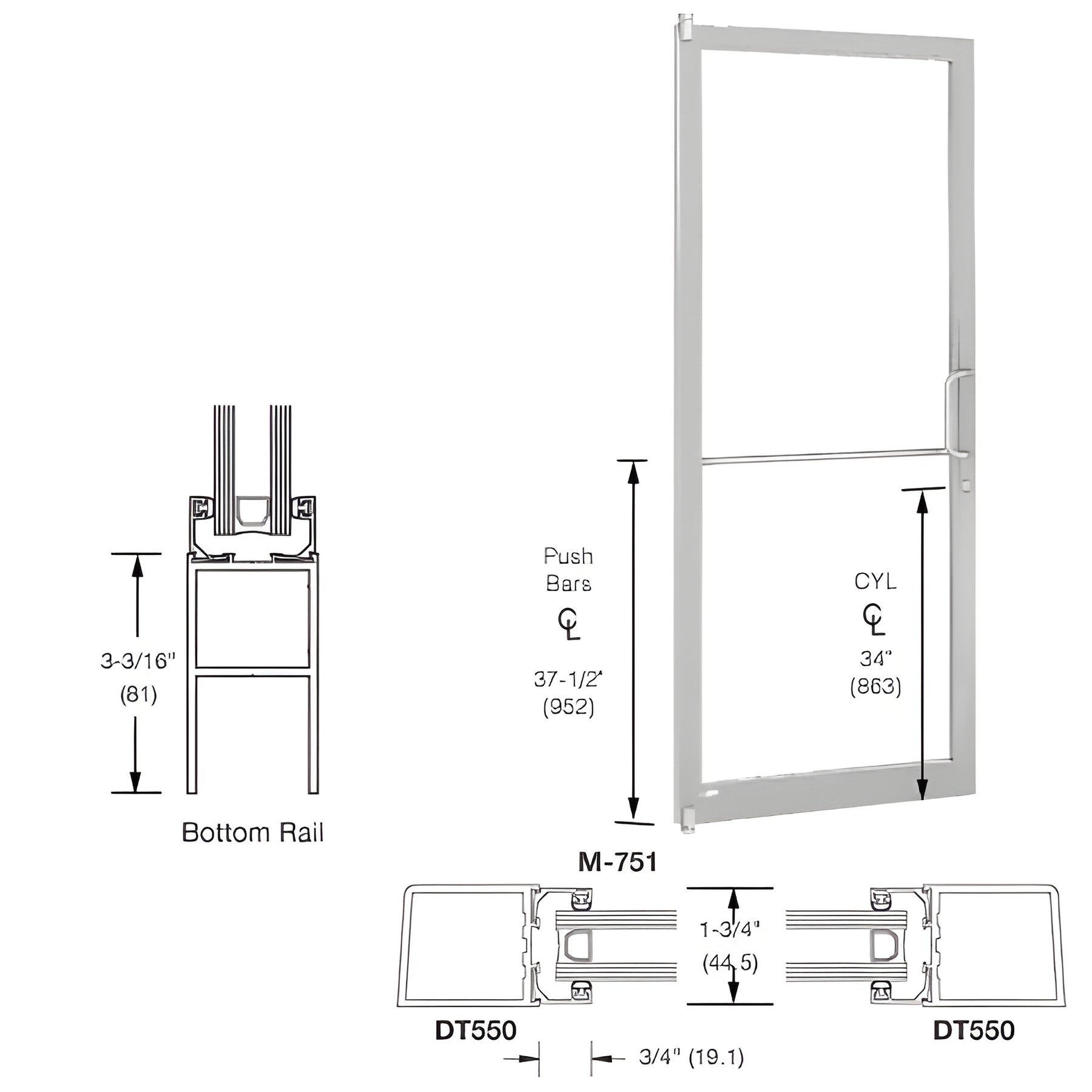 CRL-U.S. Aluminum Clear Anodized 250 Series Narrow Stile (LHR) HLSO Single 3'0 x 7'0 Offset Hung with Pivots for Surf Mount Closer Complete Door Std. MS Lock and Std. Bottom Rail