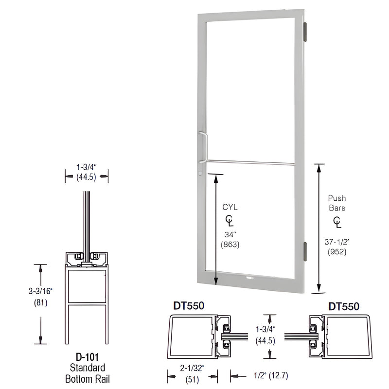 CRL-U.S. Aluminum Clear Anodized 250 Series Narrow Stile (RHR) HRSO Single 3'0 x 7'0 Offset Hung with Butt Hinges for Surf Mount Closer Complete