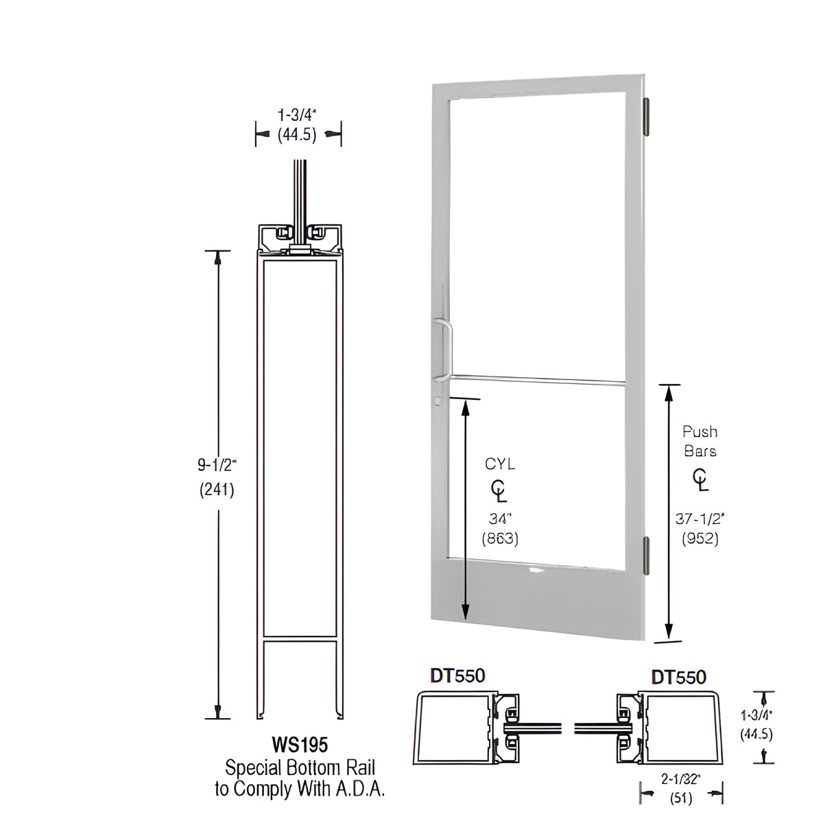 CRL-U.S. Aluminum Clear Anodized 250 Series Narrow Stile (RHR) HRSO Single 3'0 x 7'0 Offset Hung with Butt Hinges for Surf Mount Closer Complete Door for 1" Glass with Standard MS Lock and Bottom Rail