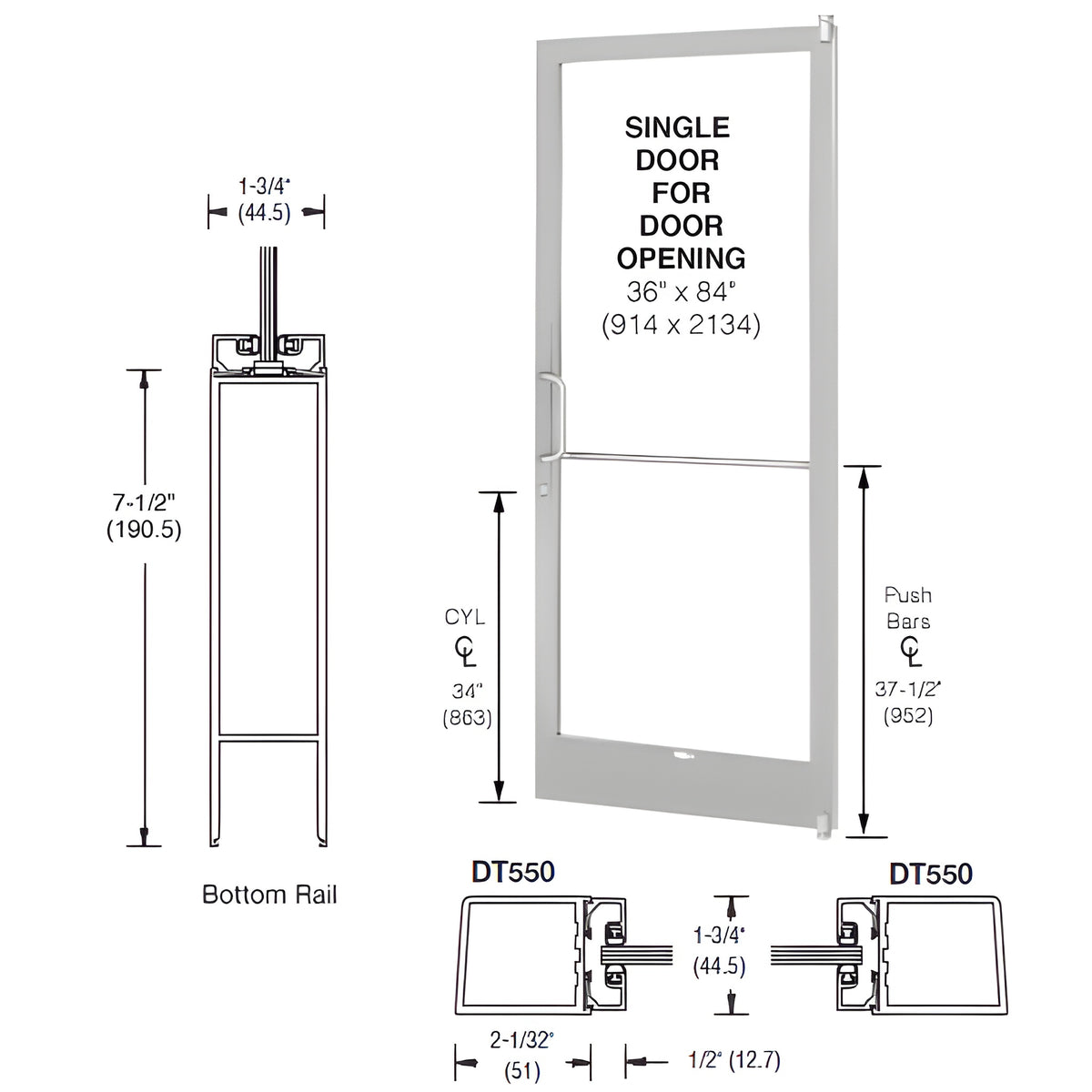 CRL-U.S. Aluminum Clear Anodized 250 Series Narrow Stile (RHR) HRSO Single 3'0 x 7'0 Offset Hung with Pivots for Surf Mount Closer Complete Door for 1" Glass with Standard MS Lock, 7-1/2" Standard Bottom Rail