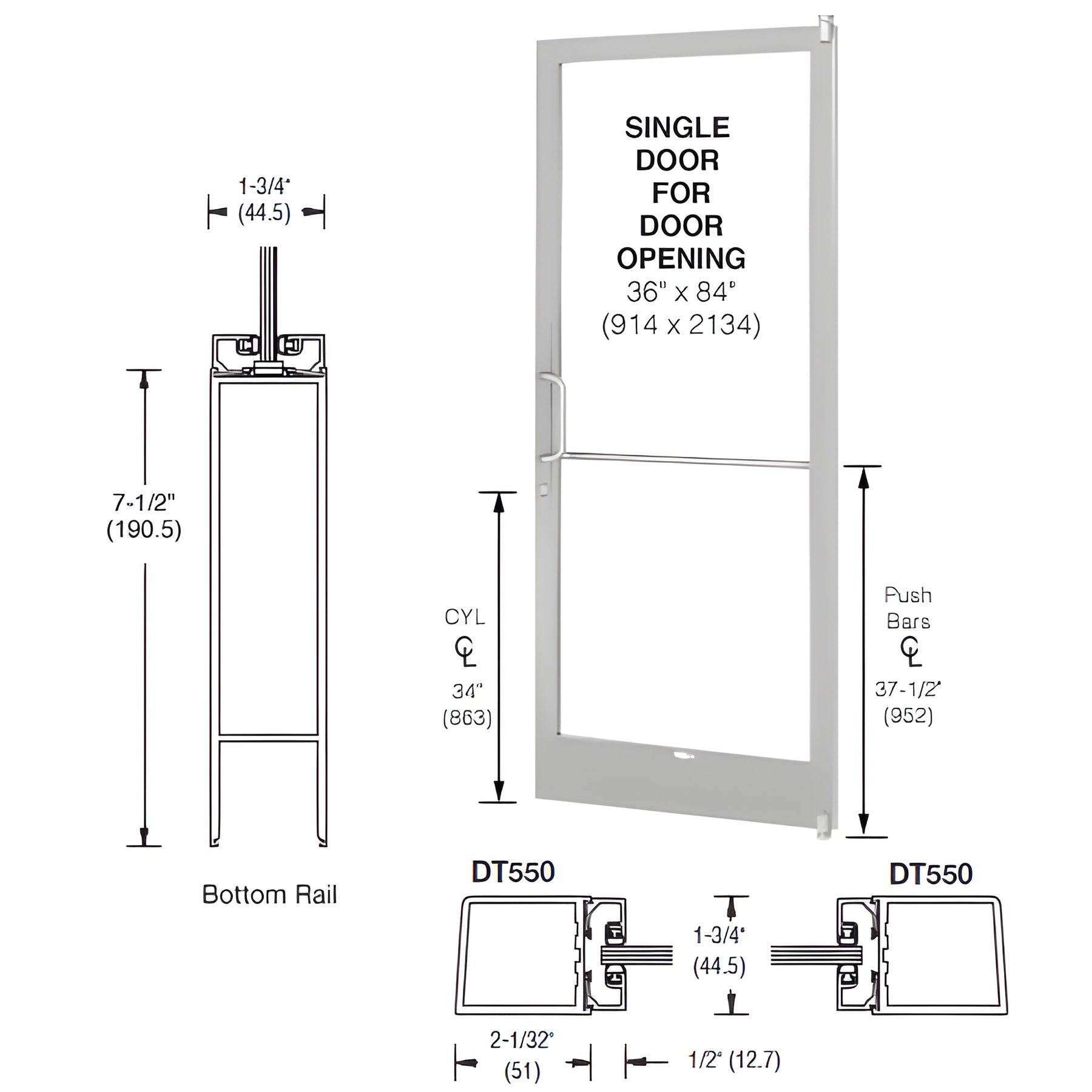 CRL-U.S. Aluminum Clear Anodized 250 Series Narrow Stile (RHR) HRSO Single 3'0 x 7'0 Offset Hung with Pivots for Surf Mount Closer Complete Door for 1" Glass with Standard MS Lock, 7-1/2" Standard Bottom Rail