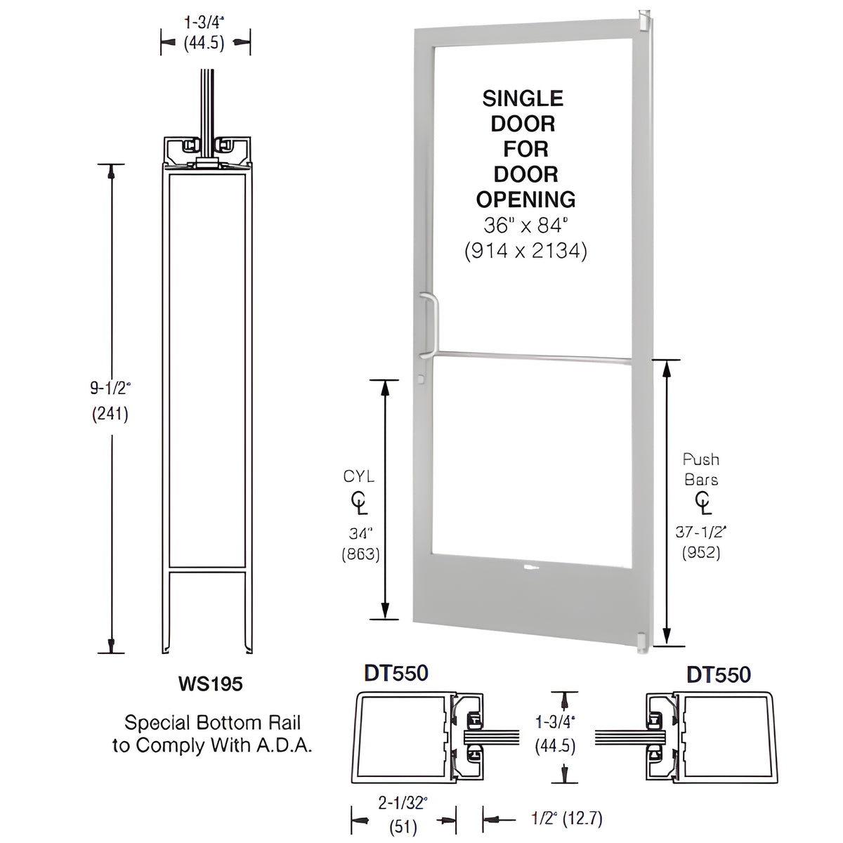 CRL-U.S. Aluminum Clear Anodized 250 Series Narrow Stile (RHR) HRSO Single 3'0 x 7'0 Offset Hung with Pivots for Surface Mount Closer Complete ADA Door, Lock Indicator, Cylinder Guard for 1/4" Glazing