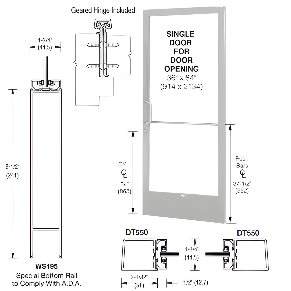 CRL-U.S. Aluminum Clear Anodized 250 Series Narrow Stile (RHR) HRSO Single 3'0 x 7'0 Offset Hung with Geared Hinged Complete ADA Door, Lock Indicator, Cylinder Guard - for 1/4" Glazing