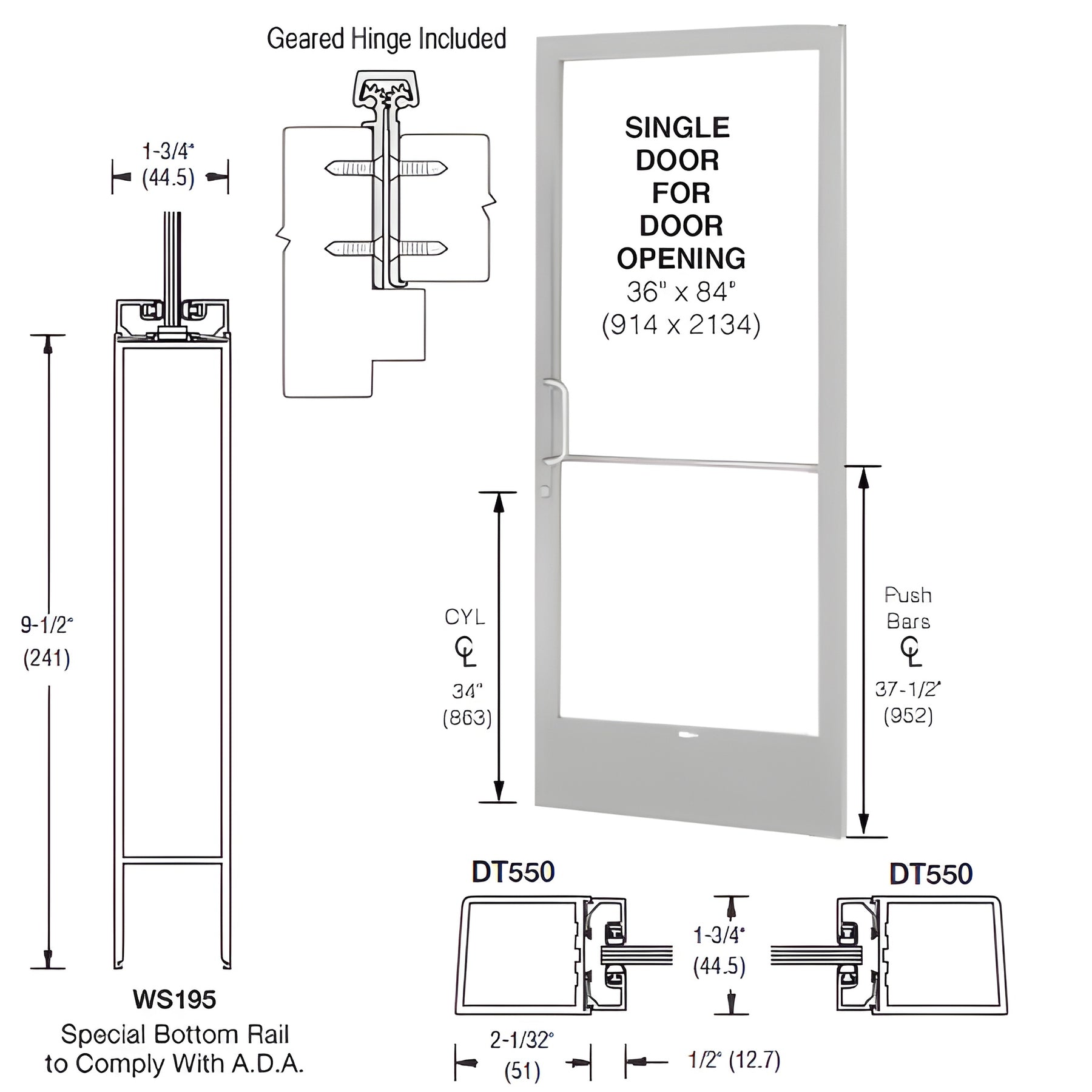 CRL-U.S. Aluminum Clear Anodized 250 Series Narrow Stile (RHR) HRSO Single 3'0 x 7'0 Offset Hung with Geared Hinged Complete ADA Door, Lock Indicator, Cylinder Guard - for 1/4" Glazing