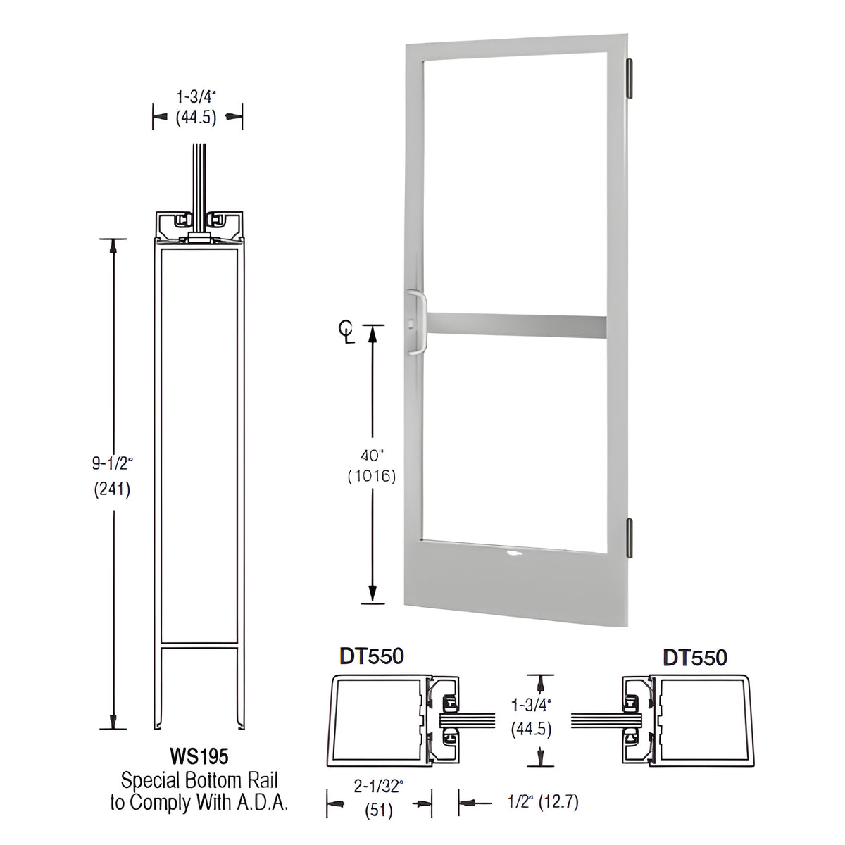 CRL-U.S. Aluminum Clear Anodized 250 Series Narrow Stile (RHR) HRSO Single 3' x 7' Offset Hung with Butt Hinges for Surf Mount Closer Complete Panic Door with Standard Panic and 9-1/2" Bottom Rail