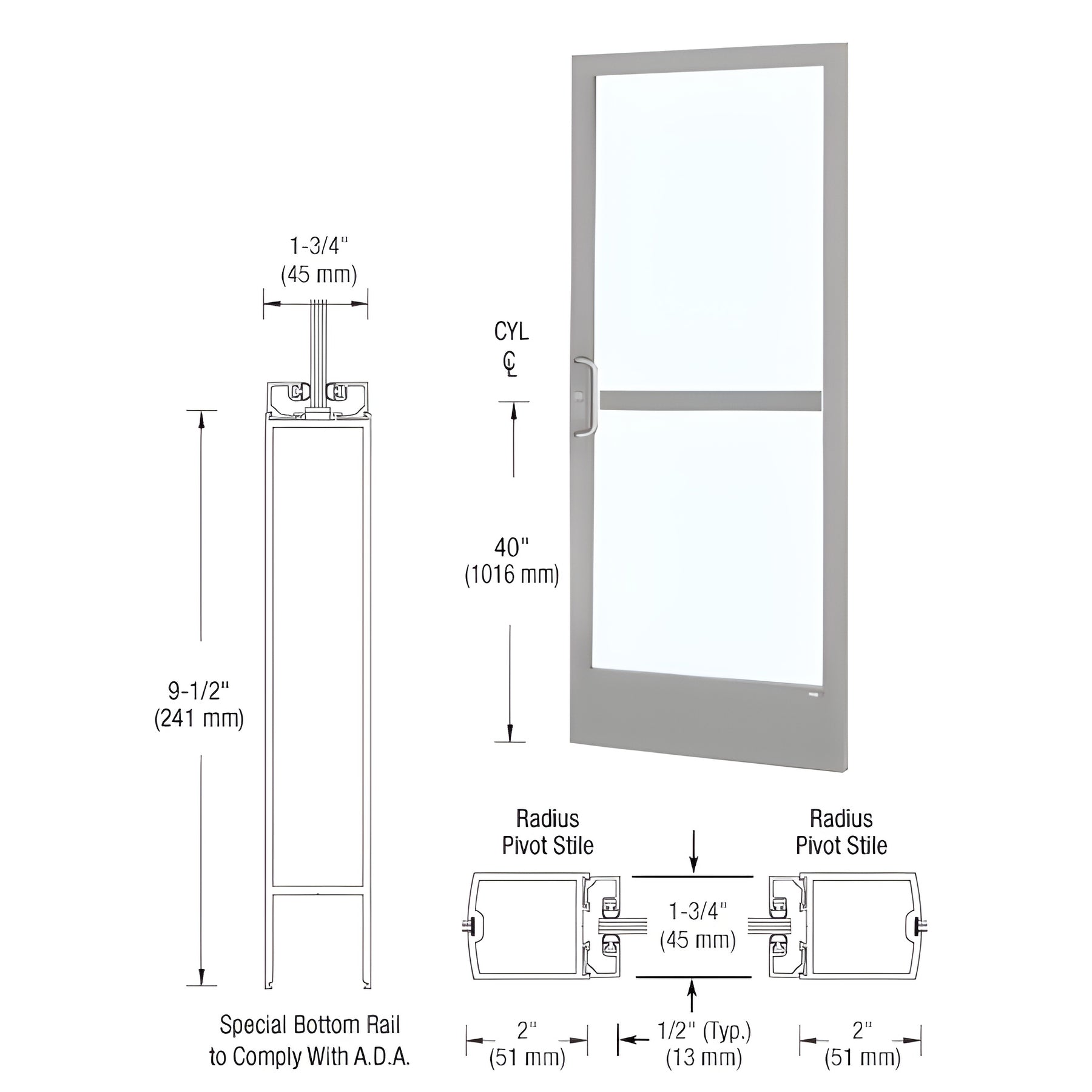 CRL-U.S. Aluminum Clear Anodized 250 Series Narrow Stile (RHR) HRSO Single 3' x 7' Center Hung for OHCC with Standard Push Bars Complete Panic Door with Standard Panic and 9-1/2" Bottom Rail