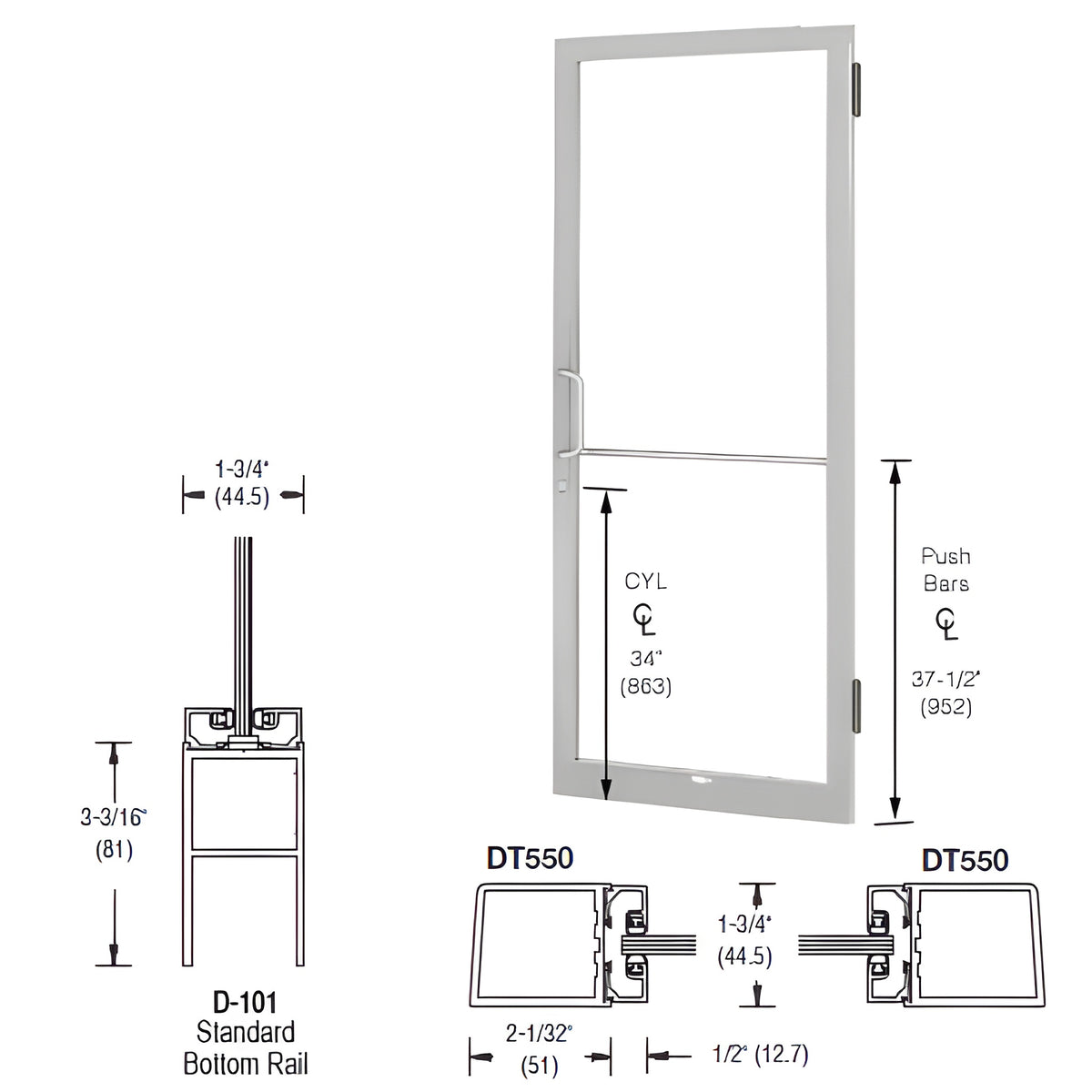 CRL-U.S. Aluminum Clear Anodized 250 Series Narrow Stile (RHR) HRSO Single 3'0 x 7'0 Offset Hung with Butt Hinges for Surf Mount Closer Complete Door Std. MS Lock & Bottom Rail