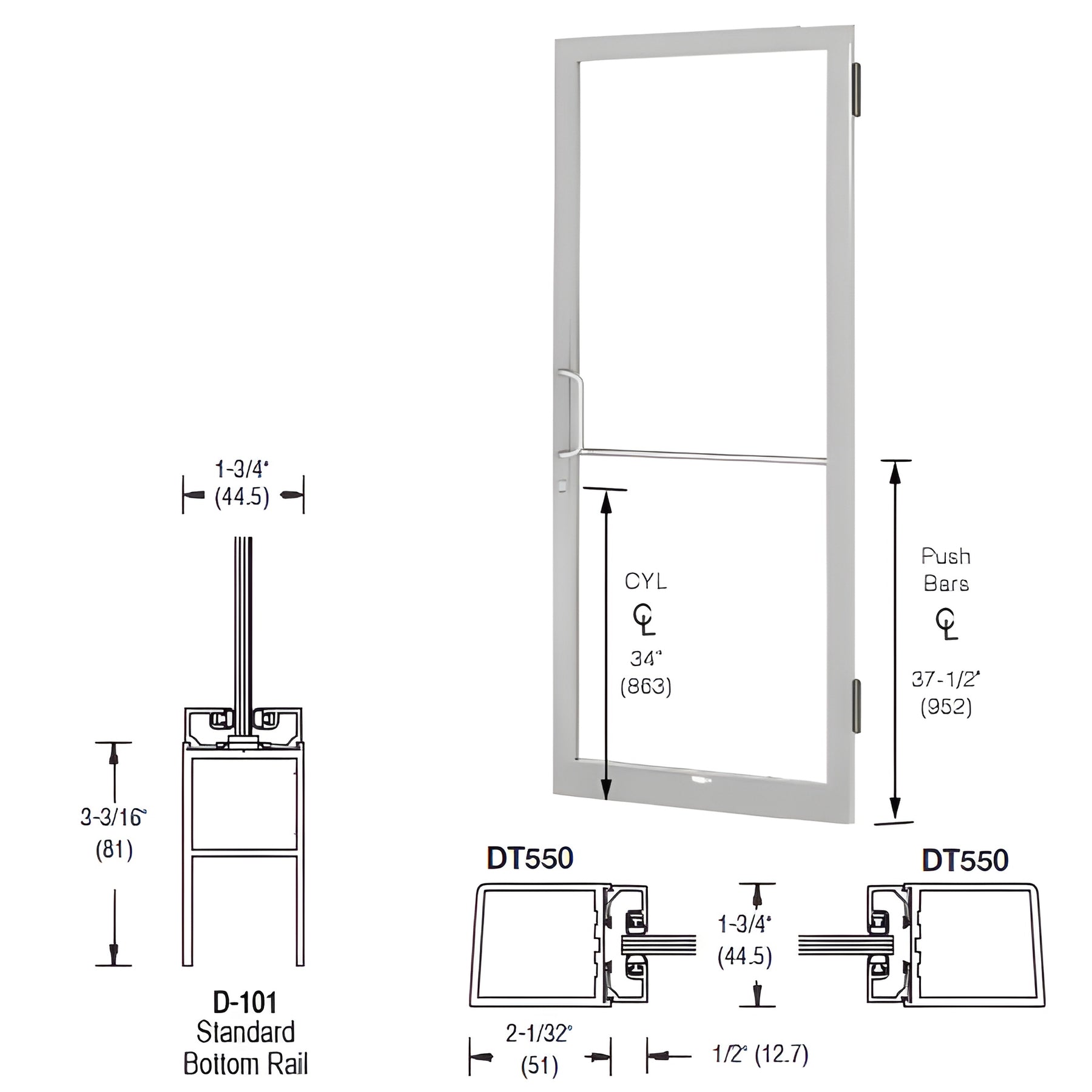 CRL-U.S. Aluminum Clear Anodized 250 Series Narrow Stile (RHR) HRSO Single 3'0 x 7'0 Offset Hung with Butt Hinges for Surf Mount Closer Complete Door Std. MS Lock & Bottom Rail