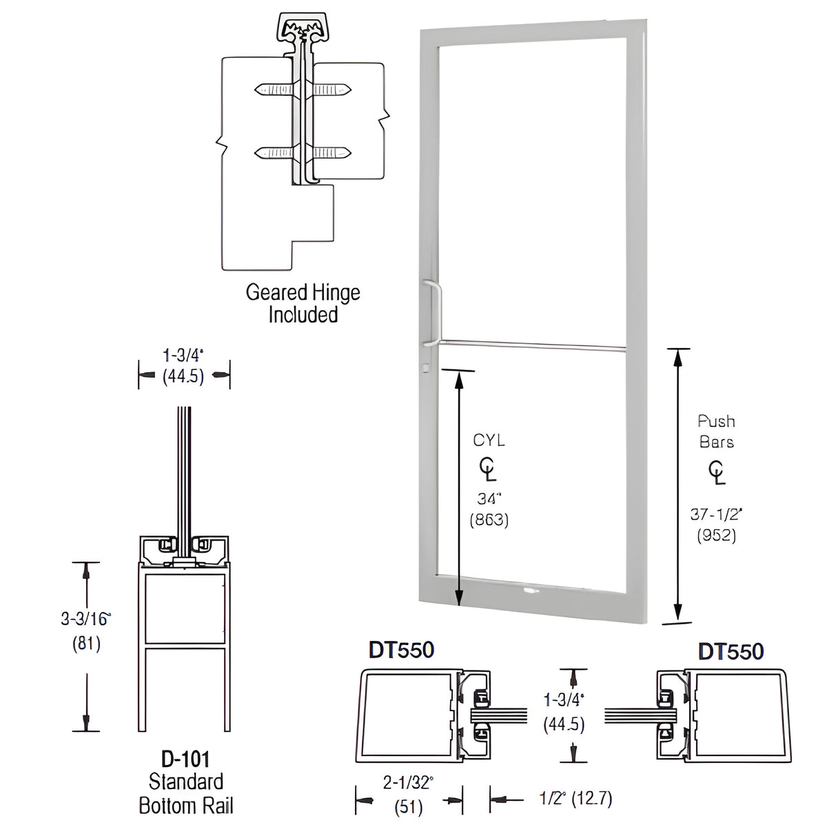 CRL-U.S. Aluminum Clear Anodized 250 Series Narrow Stile (RHR) HRSO Single 3'0 x 7'0 Offset Hung with Geared Hinged Complete Door Std. MS Lock & Bottom Rail